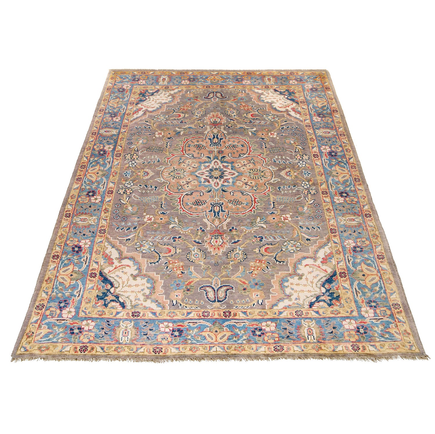 Heriz Area Rug Handmade Ivory Medallion 7x10 ft