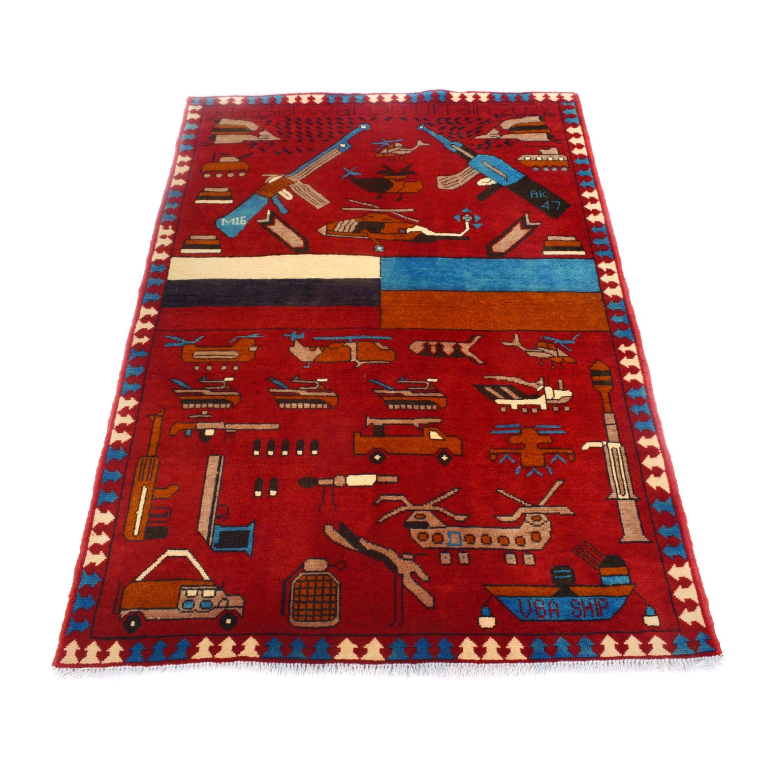 War Area Rug Handmade Red Riffle + Helicopter 3x5 ft