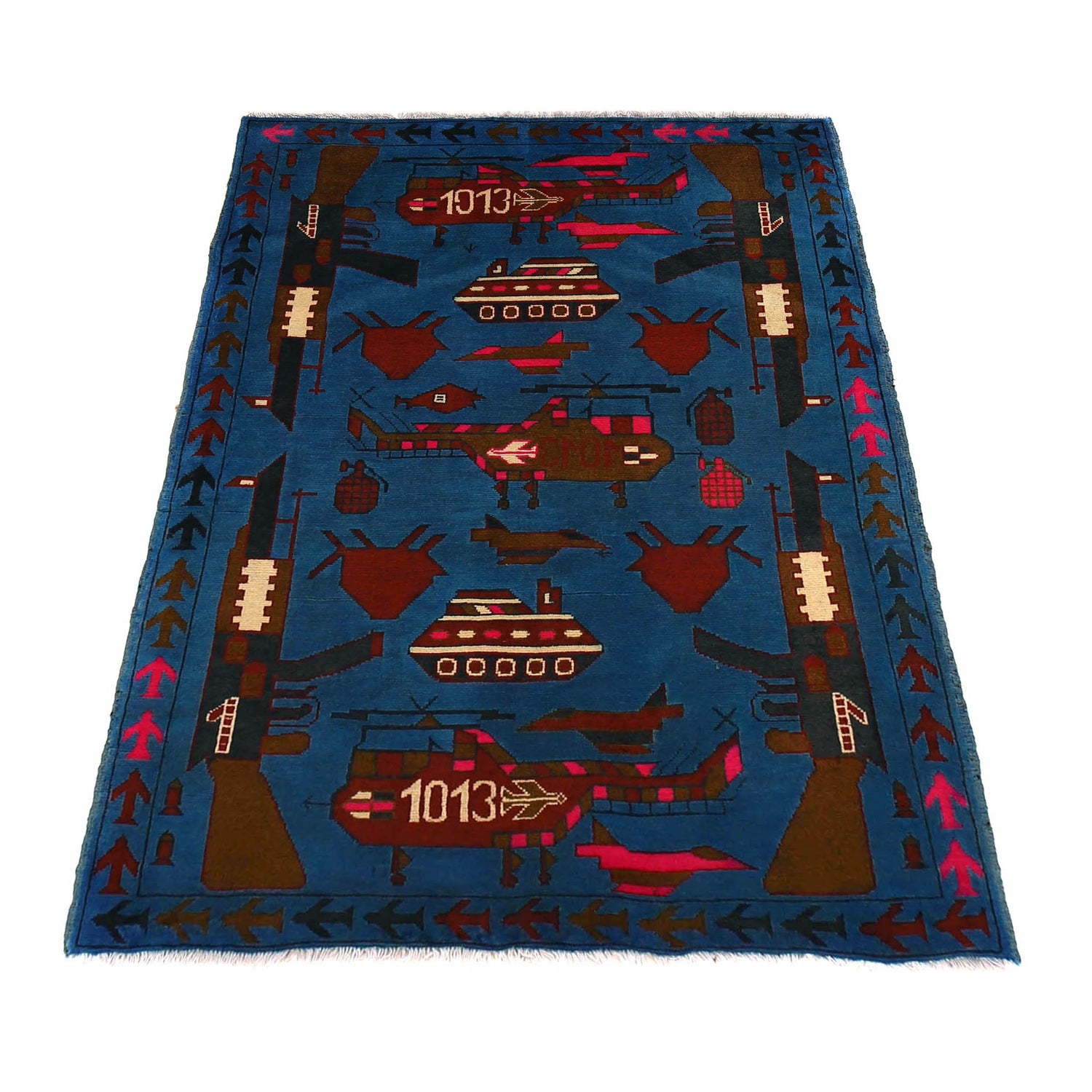 War Area Rug Handmade Blue Riffle + Helicopter 3x5 ft