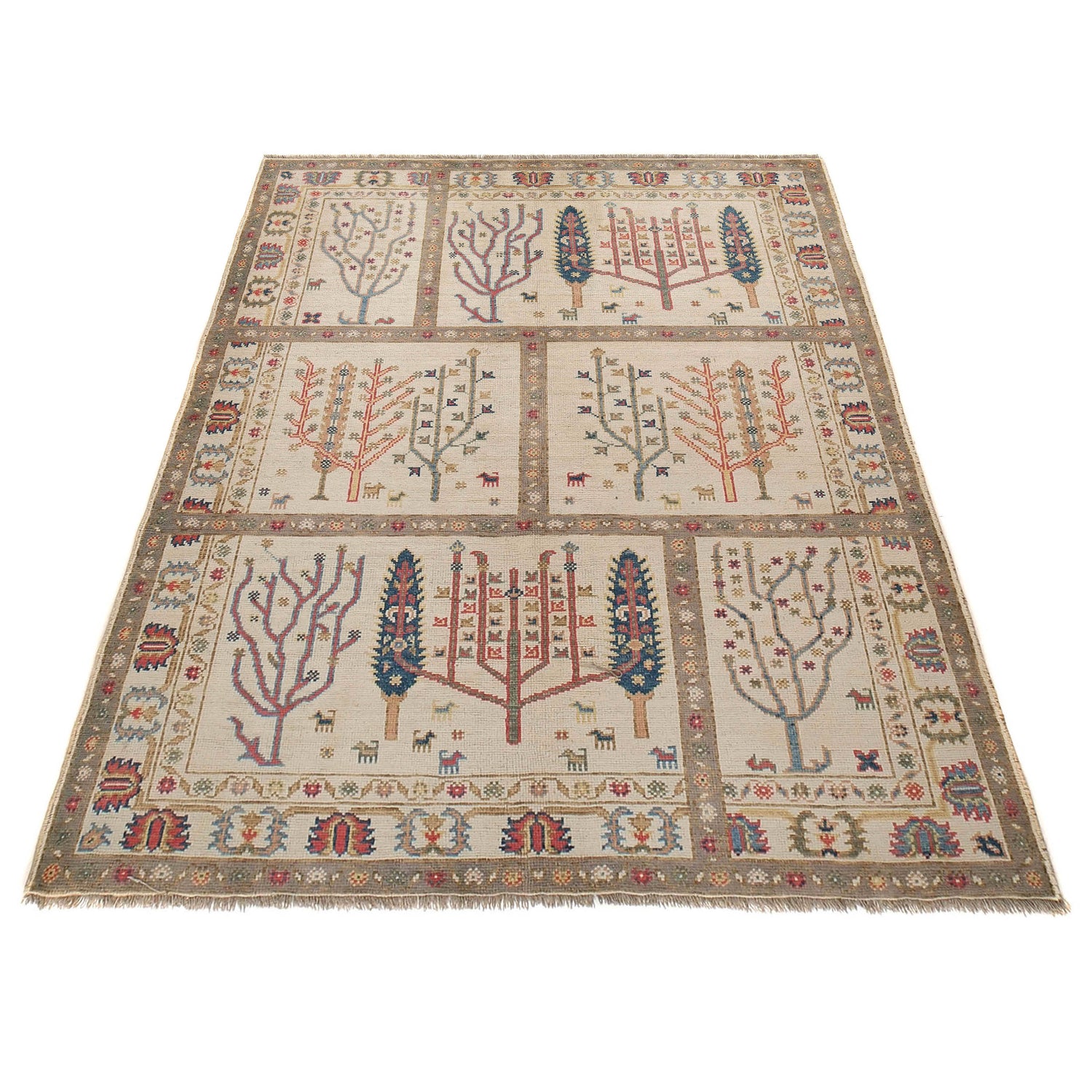 Tree Of Life Area Rug Handmade Beige Floral 5x8 ft