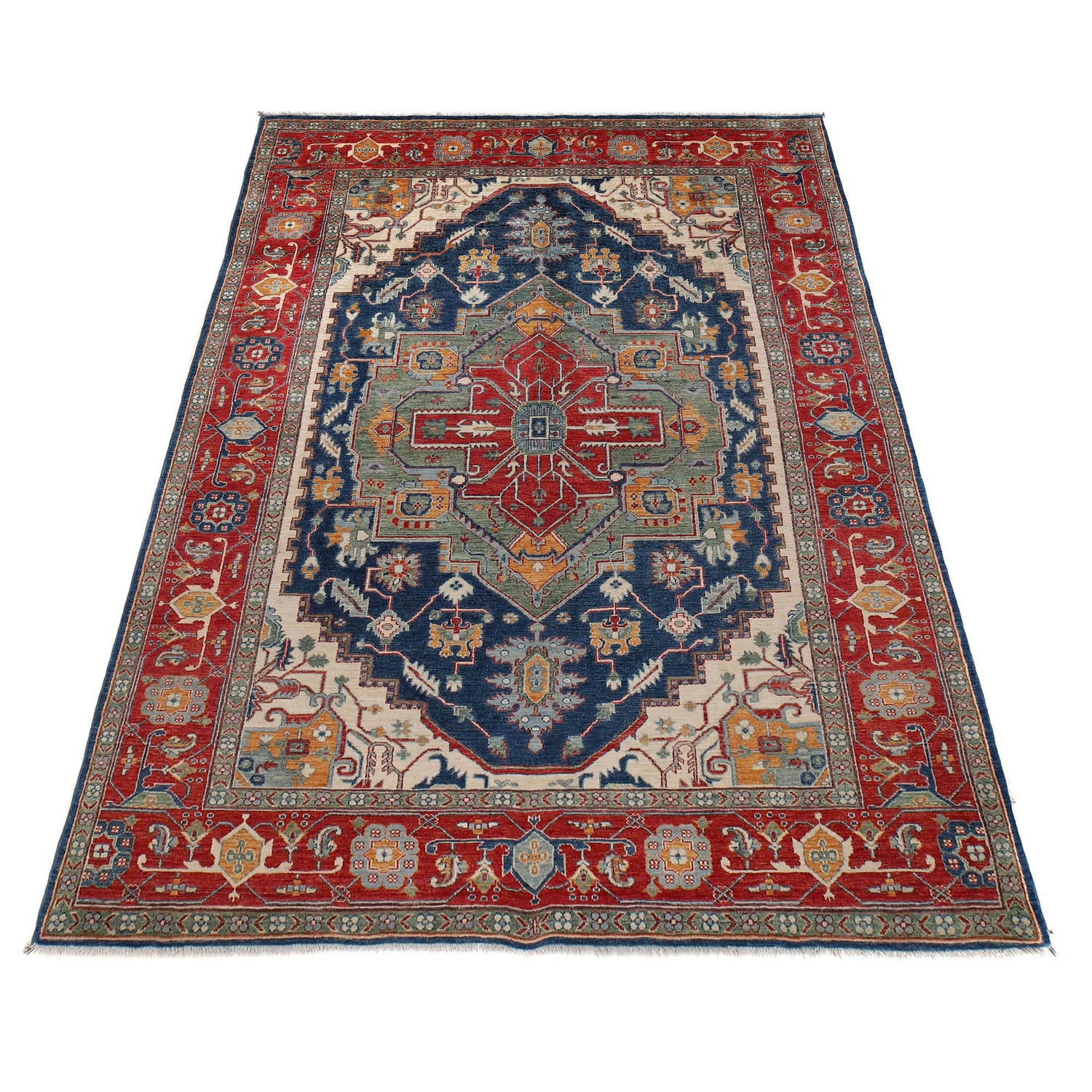Heriz Area Rug Handmade Blue Medallion 7x10 ft
