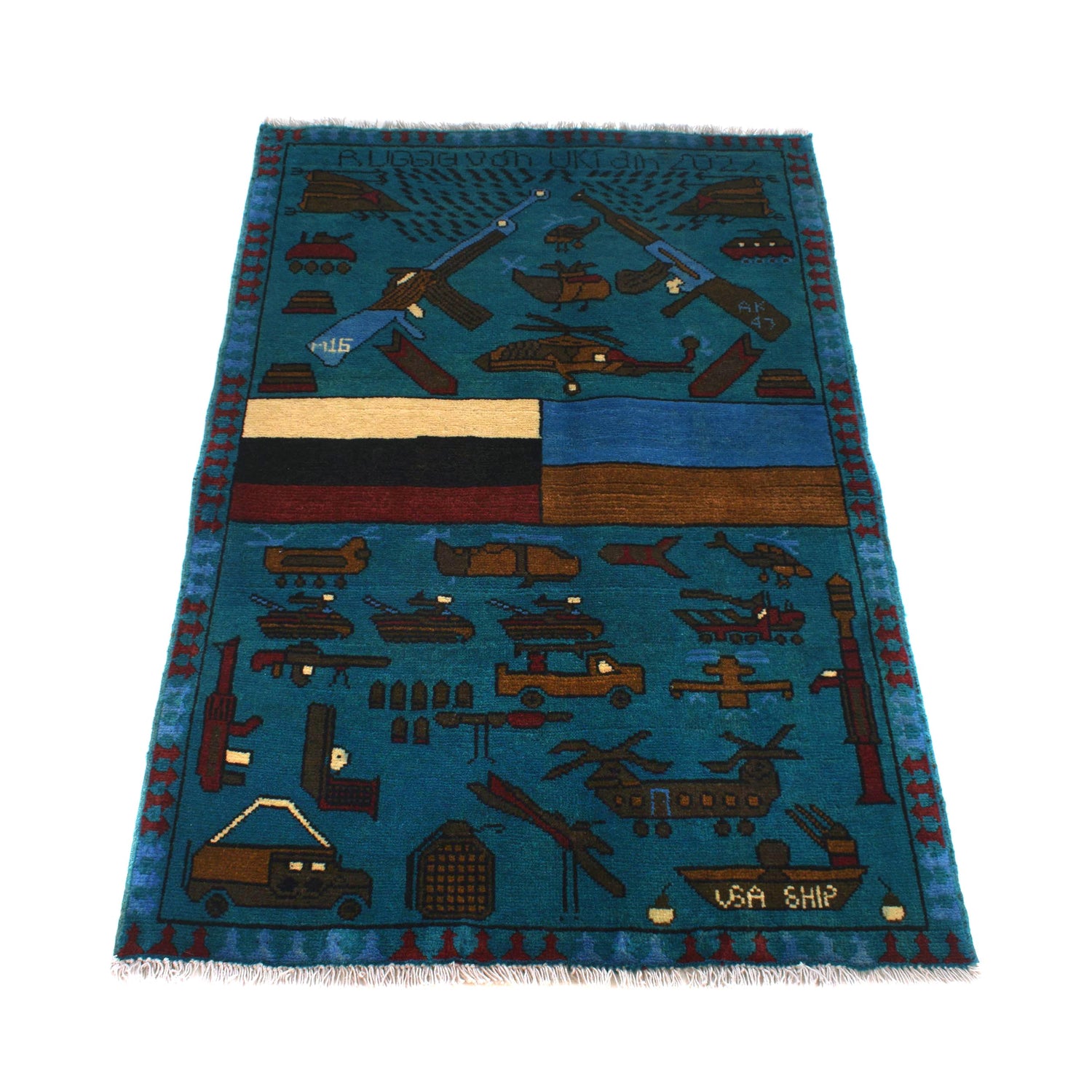 War Area Rug Handmade Blue Riffle + Tank 2x4 ft