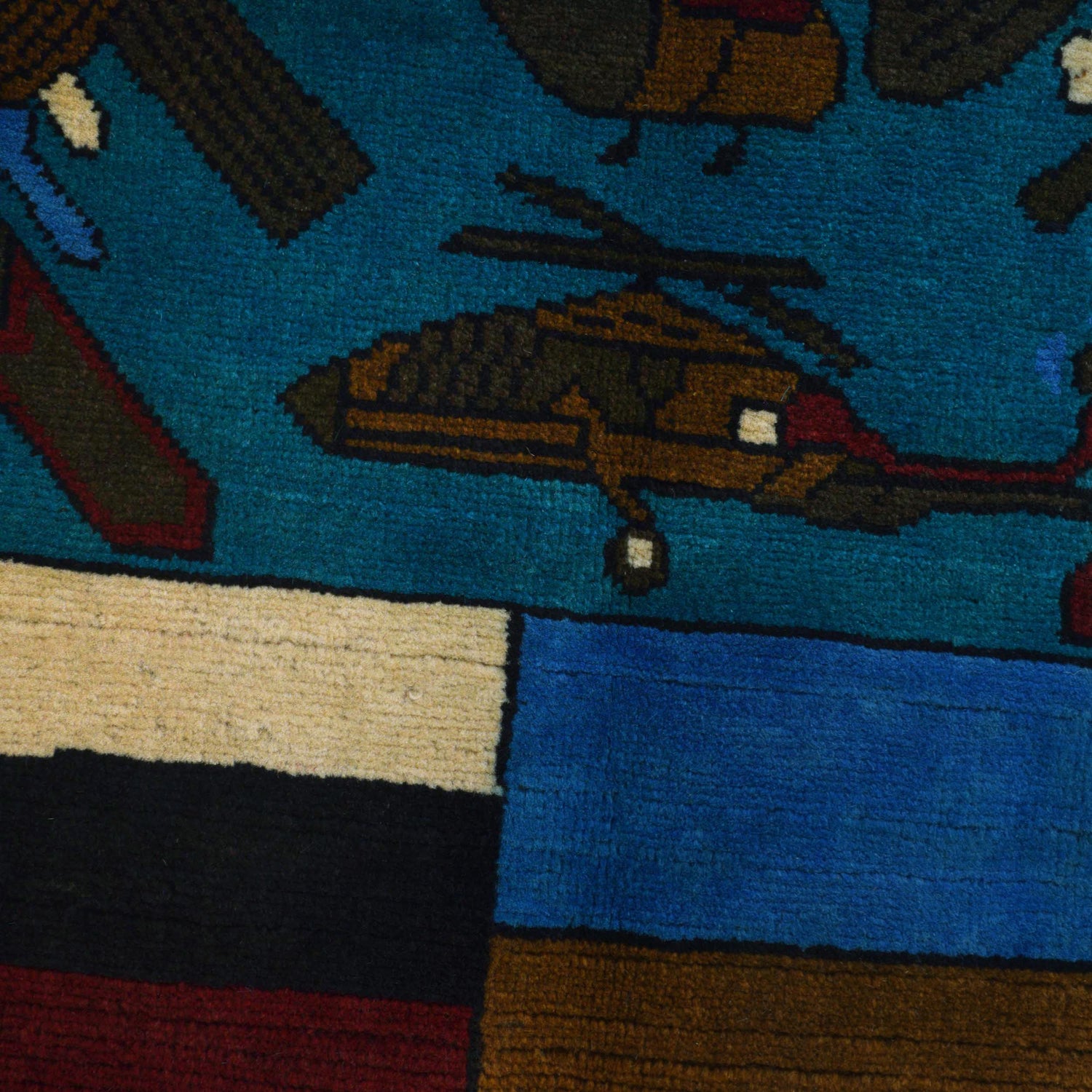 War Area Rug Handmade Blue Riffle + Tank 2x4 ft