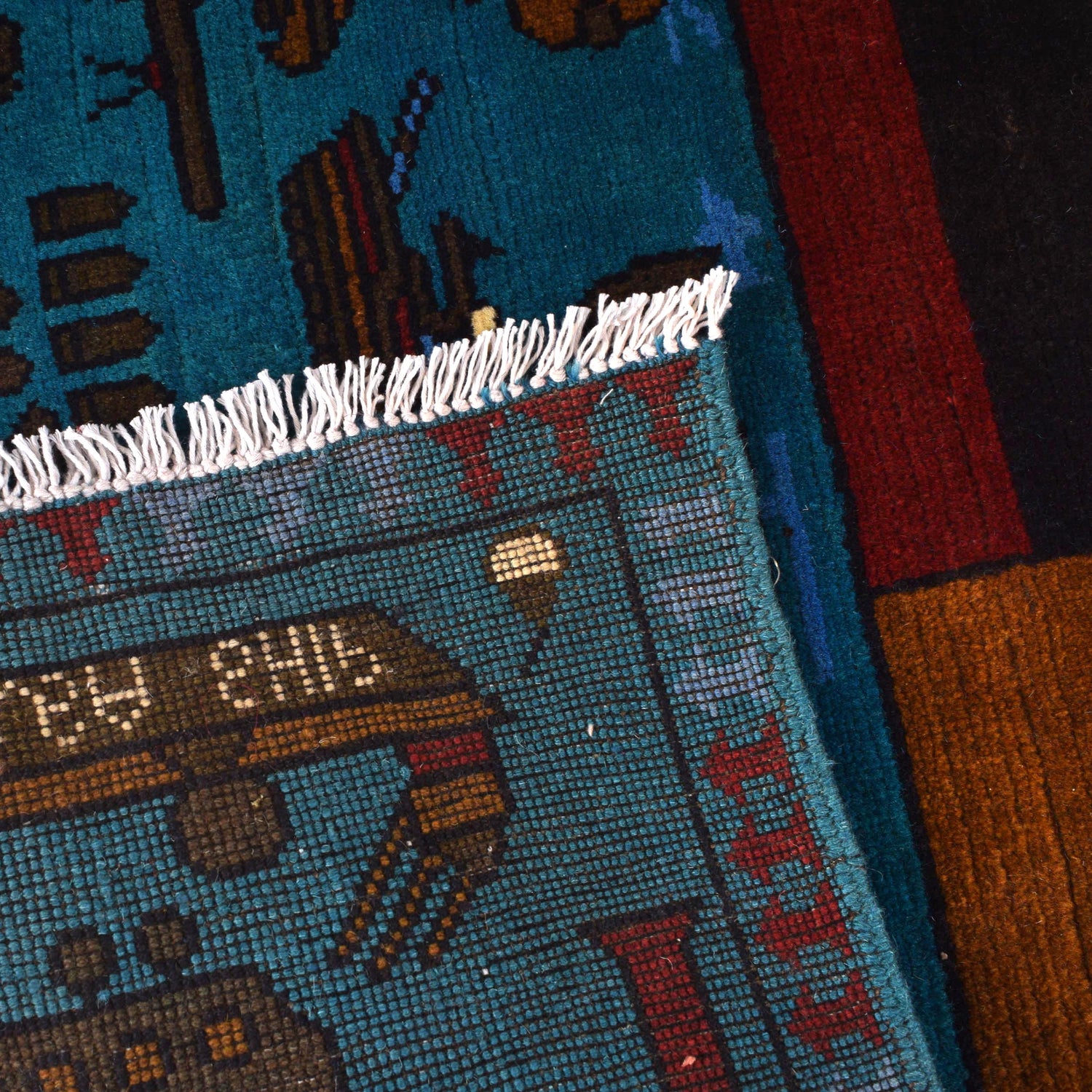 War Area Rug Handmade Blue Riffle + Tank 2x4 ft