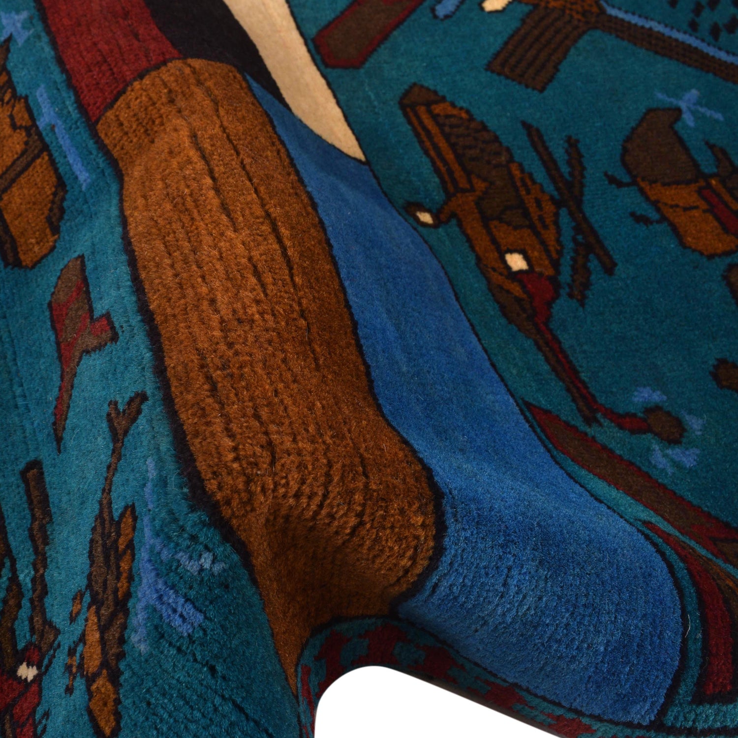 War Area Rug Handmade Blue Riffle + Tank 2x4 ft