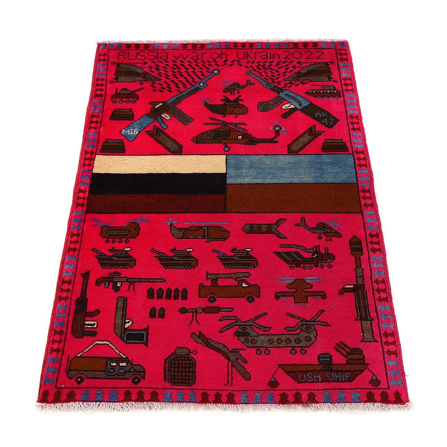 War Area Rug Handmade Pink Riffle + Tank 2x4 ft
