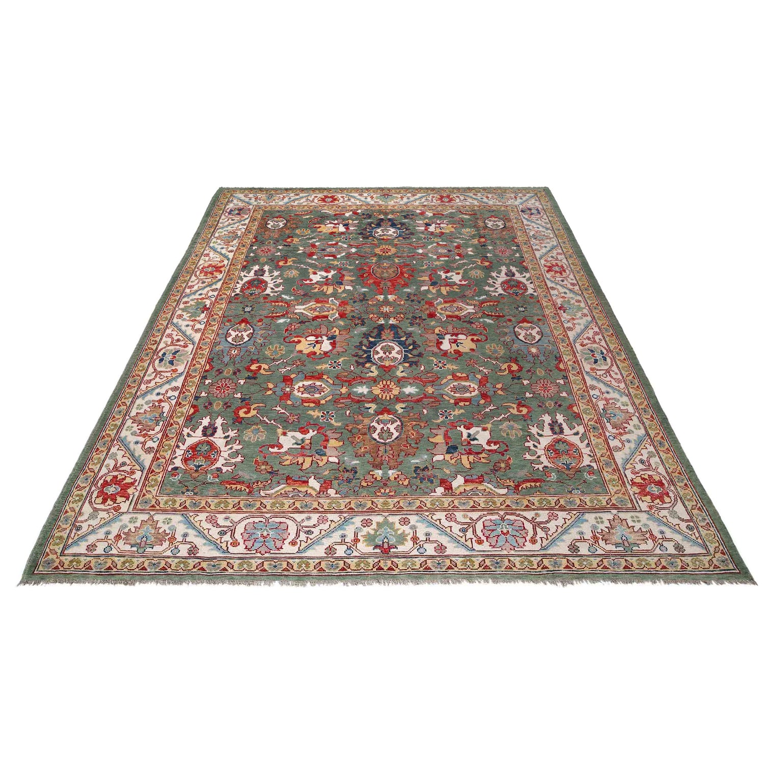 Oushak Area Rug Handmade Sage Green Floral 9x12 ft