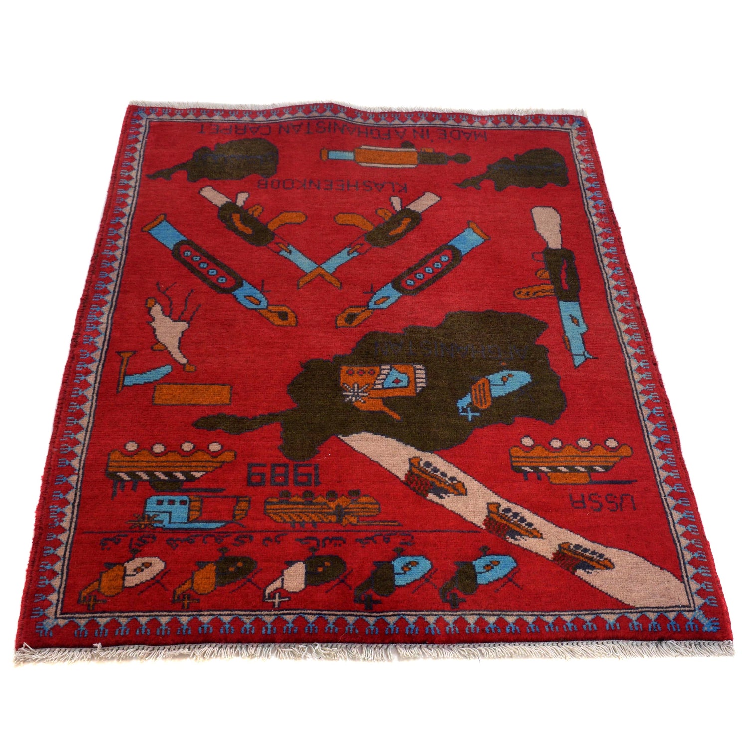 War Area Rug Handmade Red Riffle + Map 2x4 ft