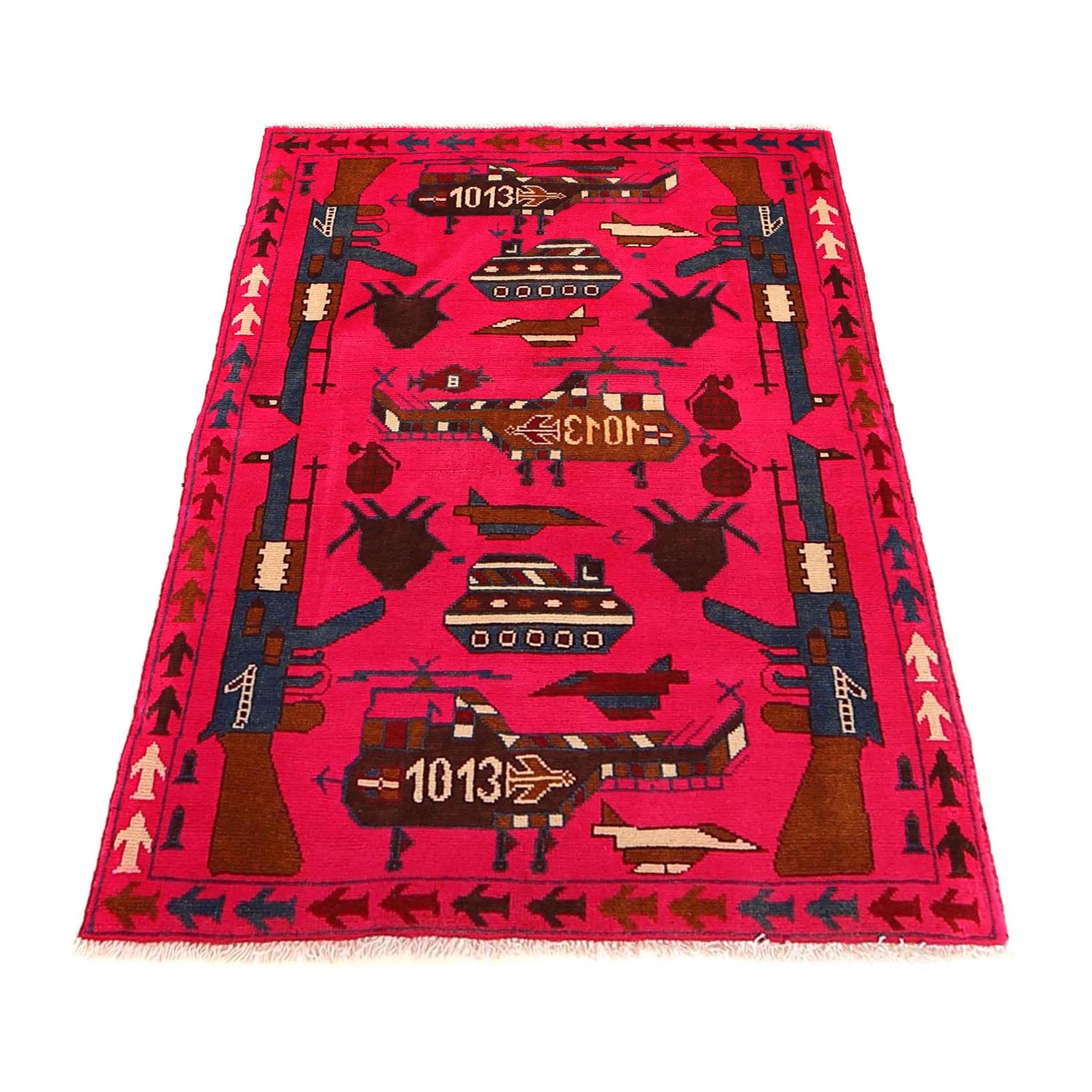 War Area Rug Handmade Pink Riffle + Tank 2x4 ft