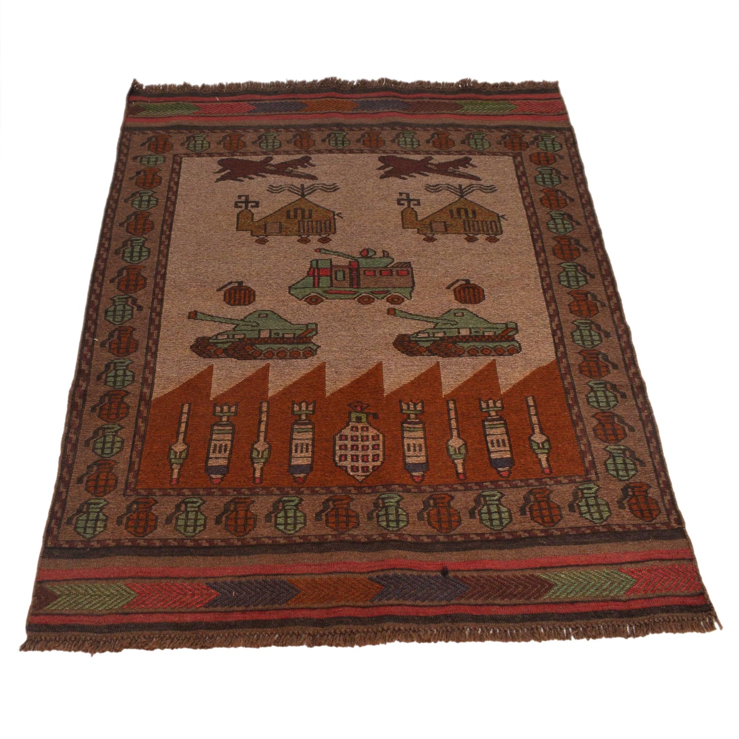 War Area Rug Handmade Multi Tank + Helicopter 2x4 ft