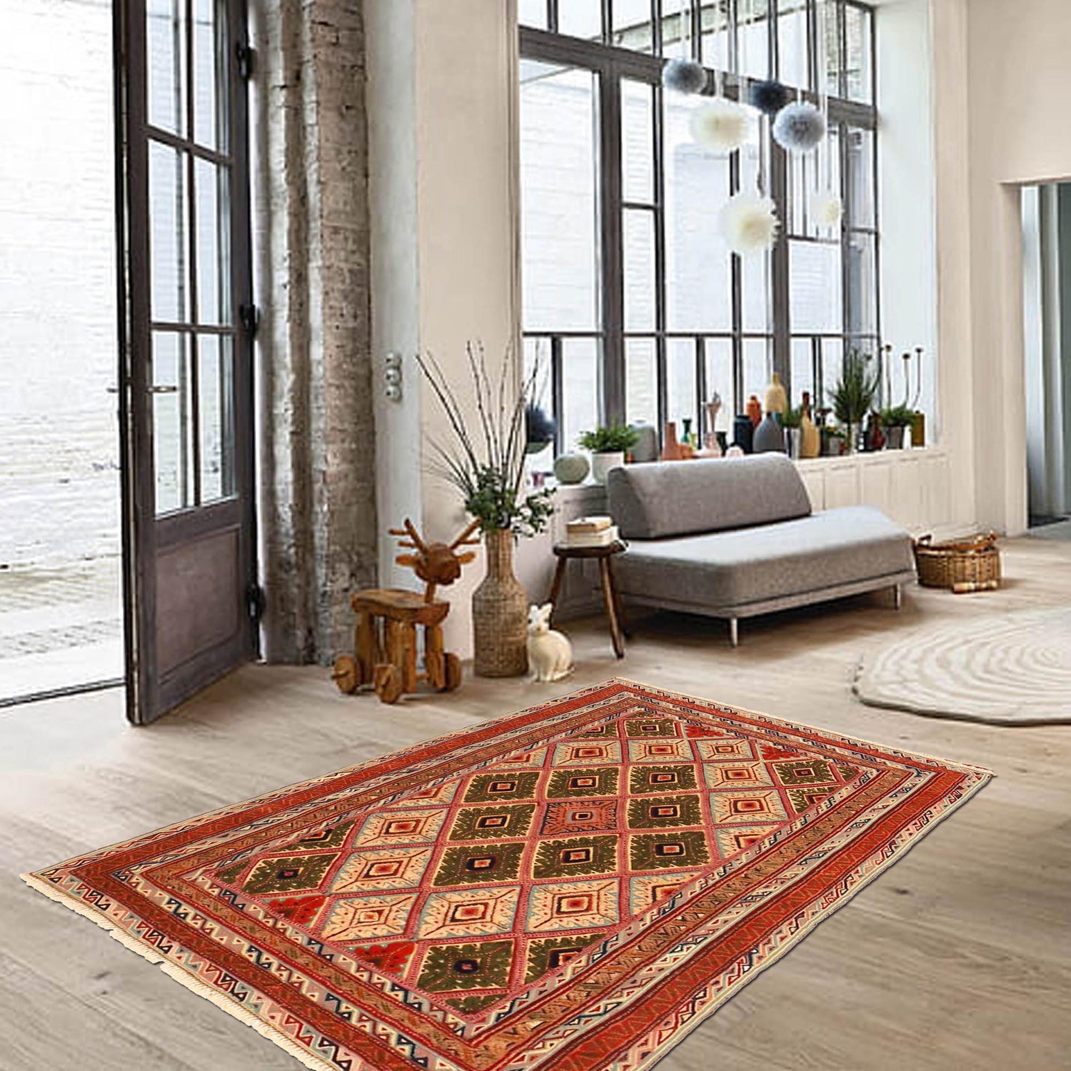 Nakhunak Kilim Area Rug Handmade Multi Geometric 2x4 ft