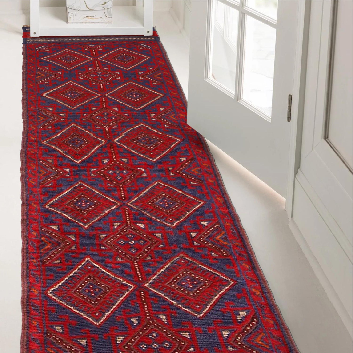 Mashwani Area Rug Runner Handmade Deep Red Geometric 8'