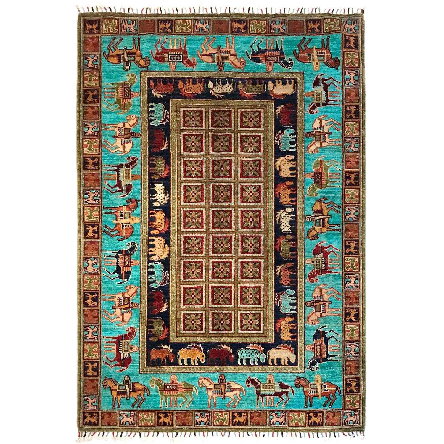 Shikargah Area Rug Handmade Blue Animal/Birds 4x6 ft