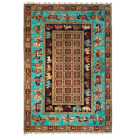 Shikargah Area Rug Handmade Blue Animal/Birds 4x6 ft