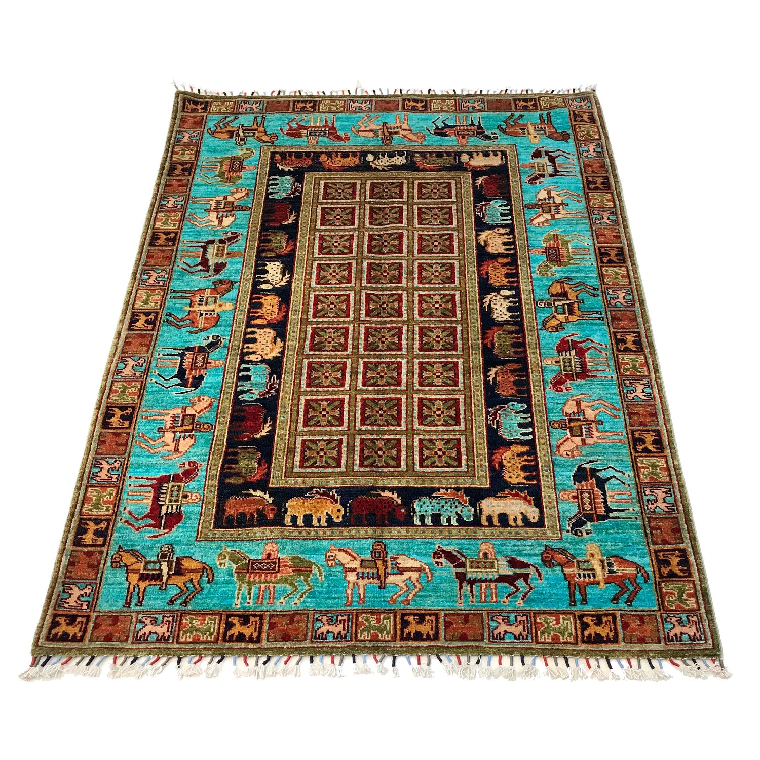 Shikargah Area Rug Handmade Blue Animal/Birds 4x6 ft