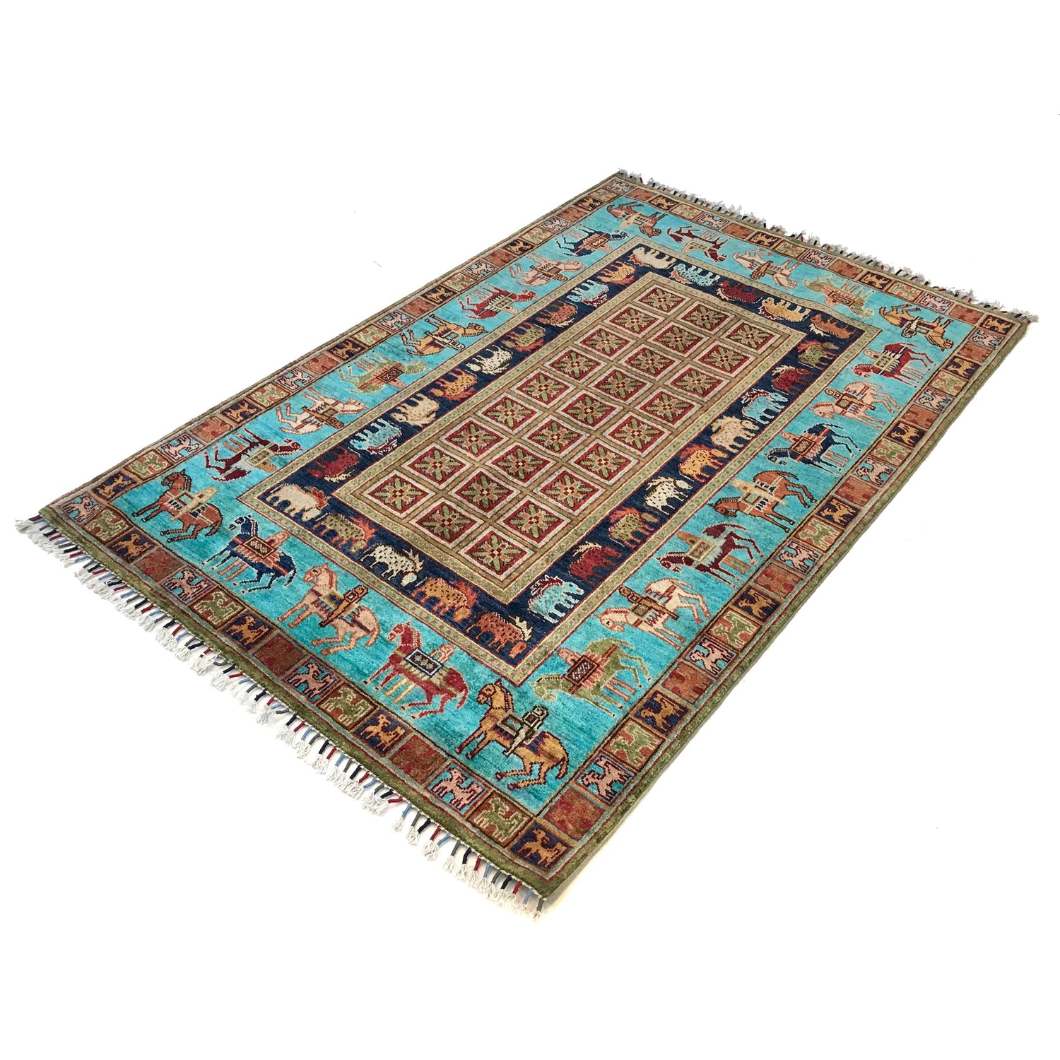 Shikargah Area Rug Handmade Blue Animal/Birds 4x6 ft