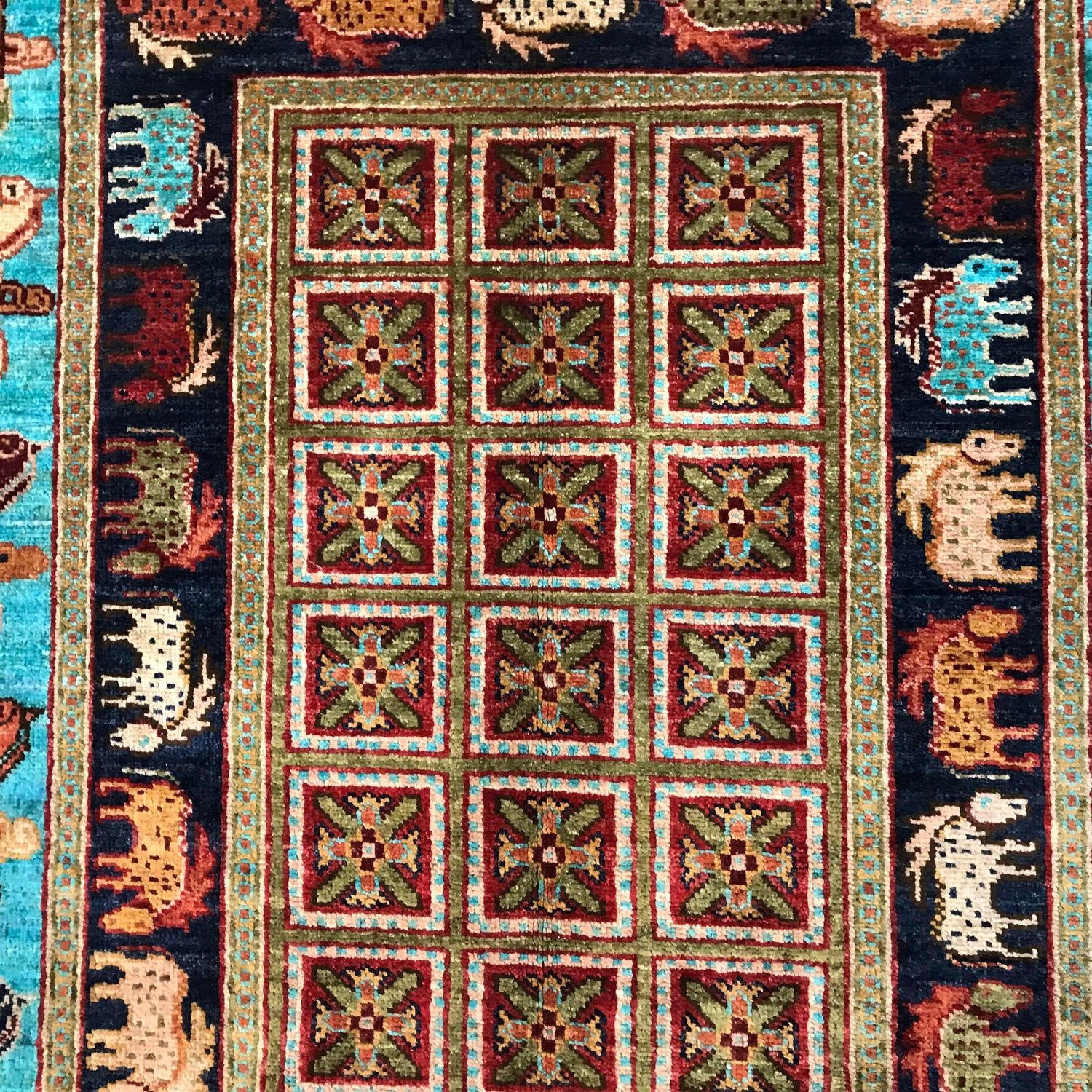 Shikargah Area Rug Handmade Blue Animal/Birds 4x6 ft