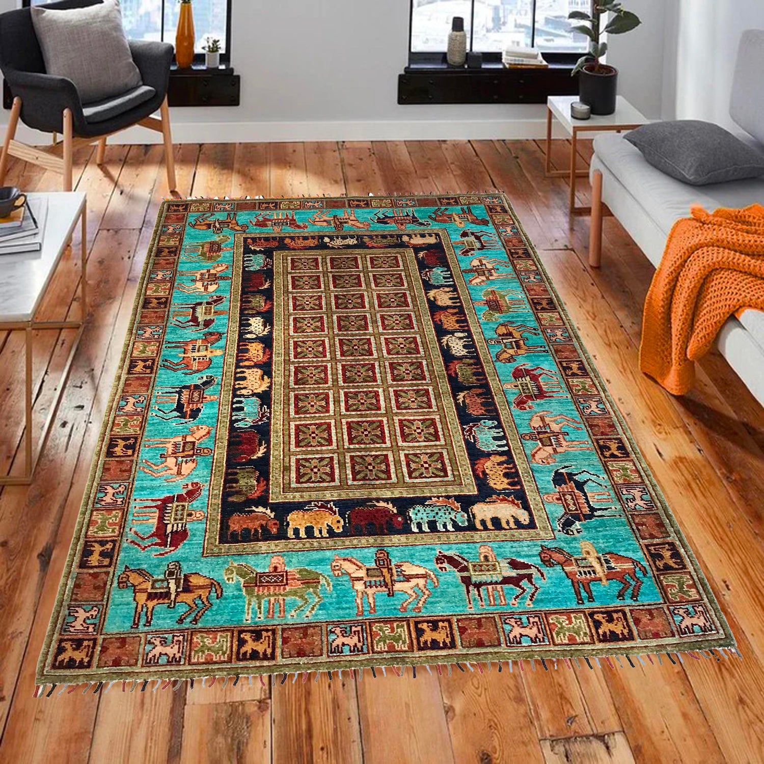 Shikargah Area Rug Handmade Blue Animal/Birds 4x6 ft