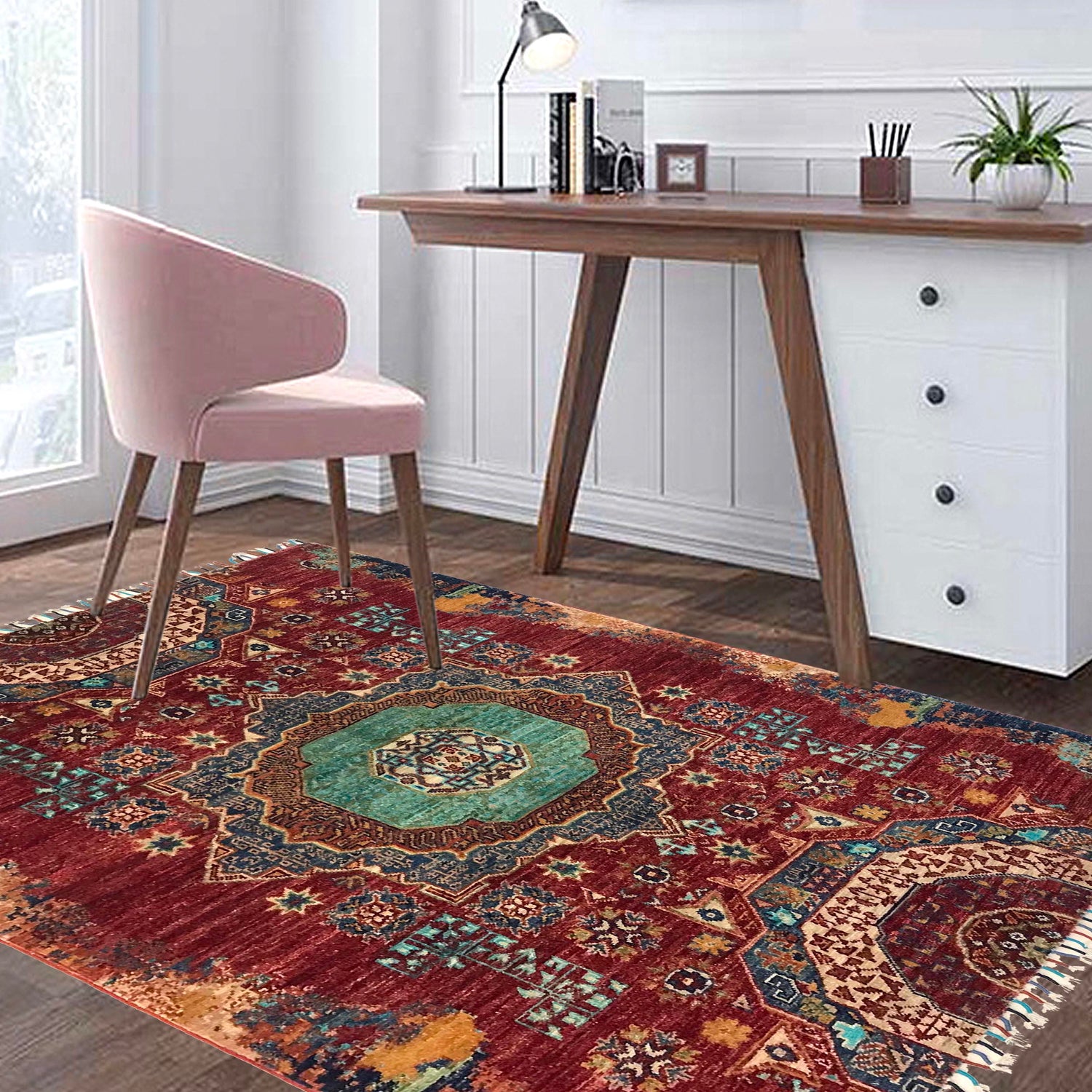 Mamluk Area Rug Handmade Red Medallion 3x5 ft