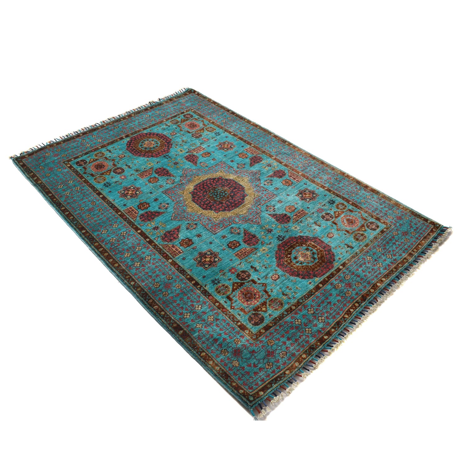 Mamluk Area Rug Handmade Green Medallion 4x6 ft