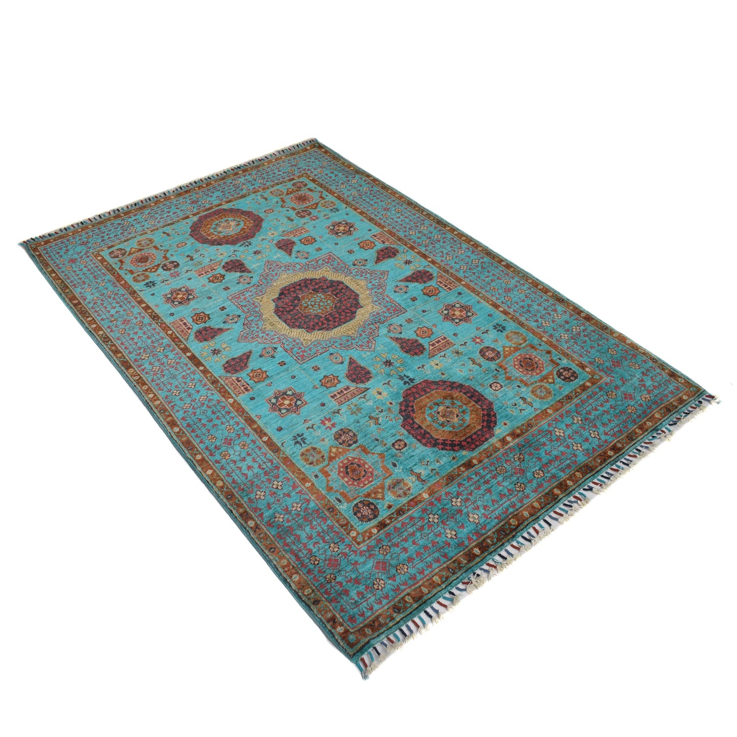 Mamluk Area Rug Handmade Green Medallion 4x6 ft