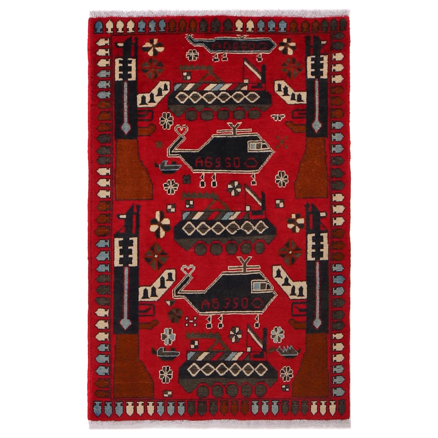 War Area Rug Handmade Red Riffle + Map 2x4 ft