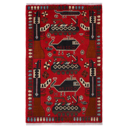 War Area Rug Handmade Red Riffle + Map 2x4 ft