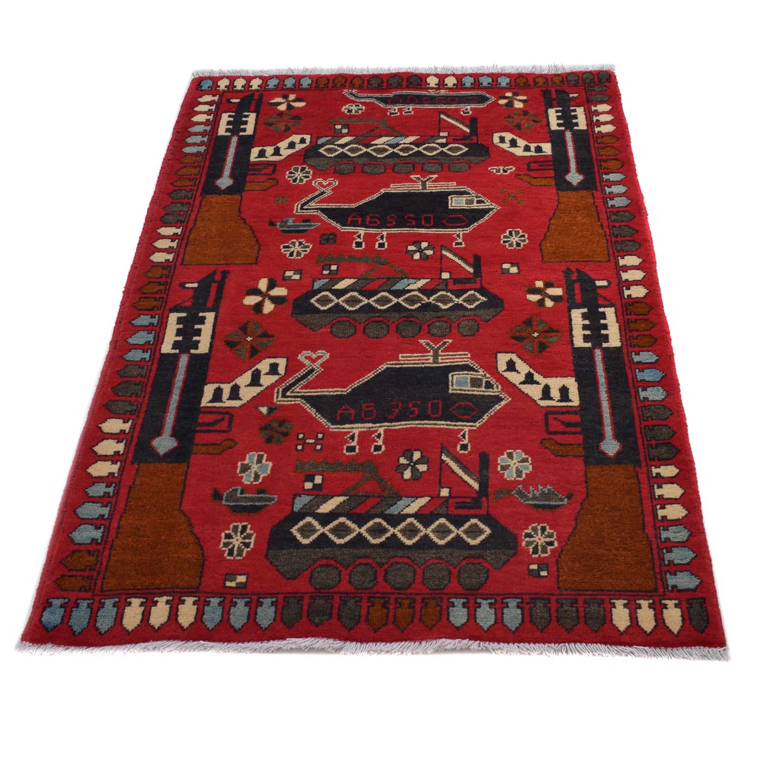 War Area Rug Handmade Red Riffle + Map 2x4 ft
