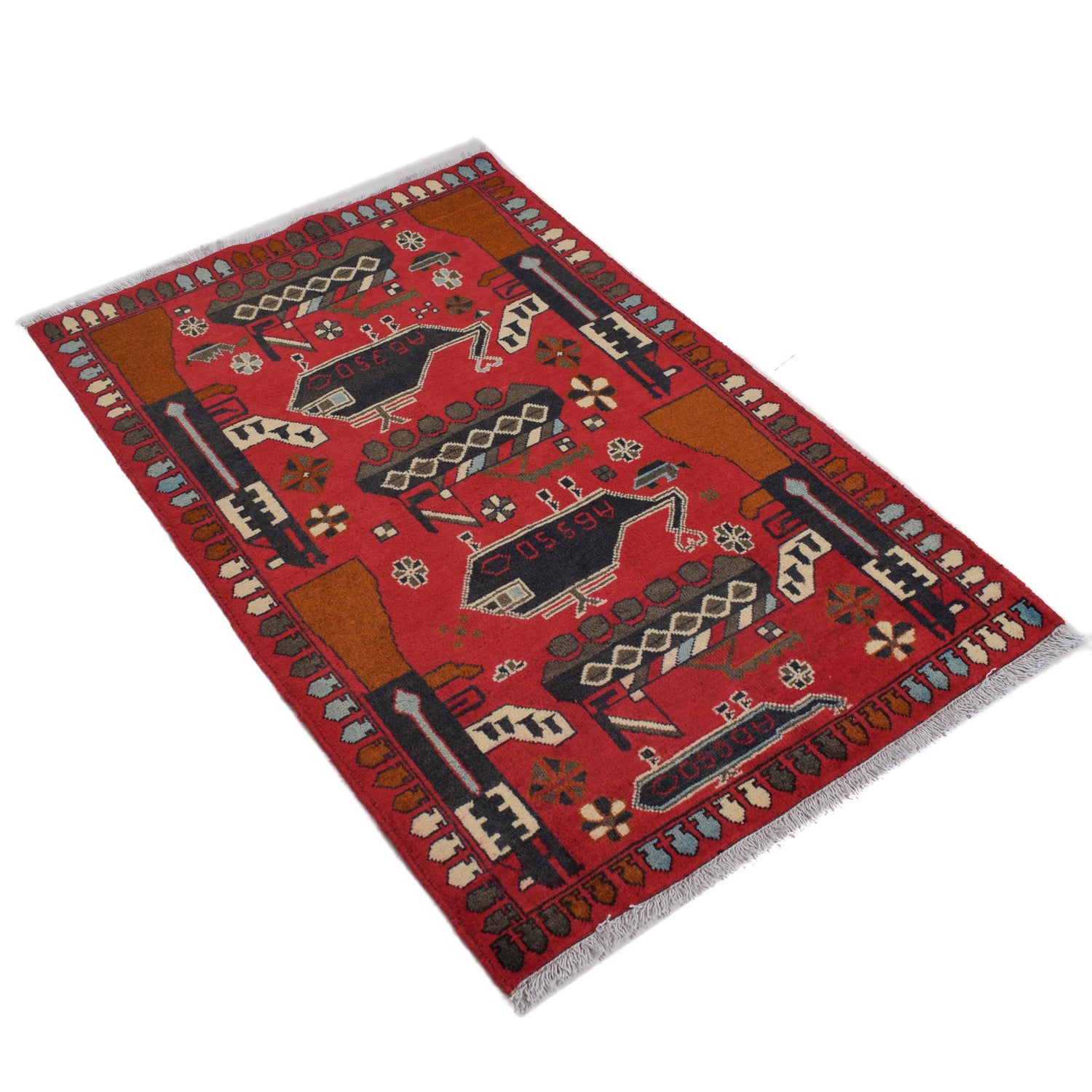 War Area Rug Handmade Red Riffle + Map 2x4 ft