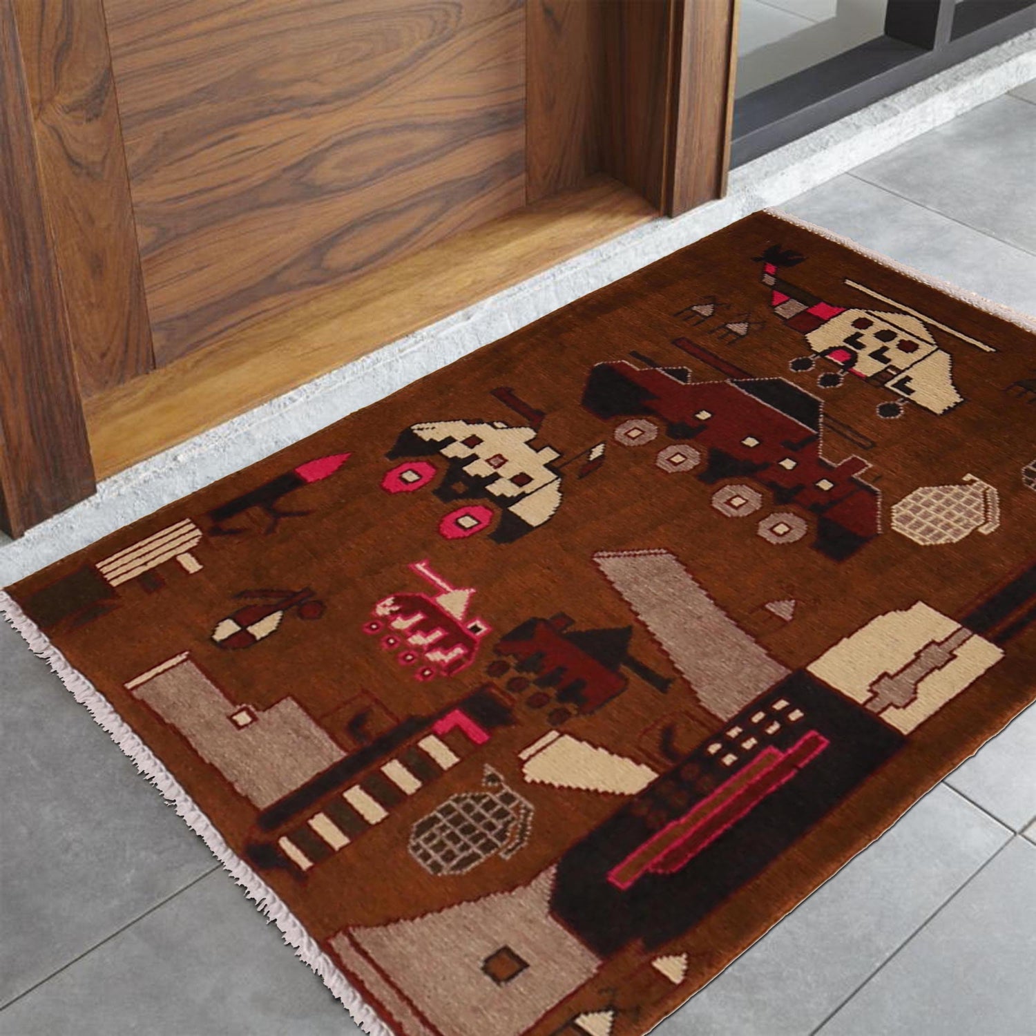 War Area Rug Handmade Brown Rifle 2 x 3 ft