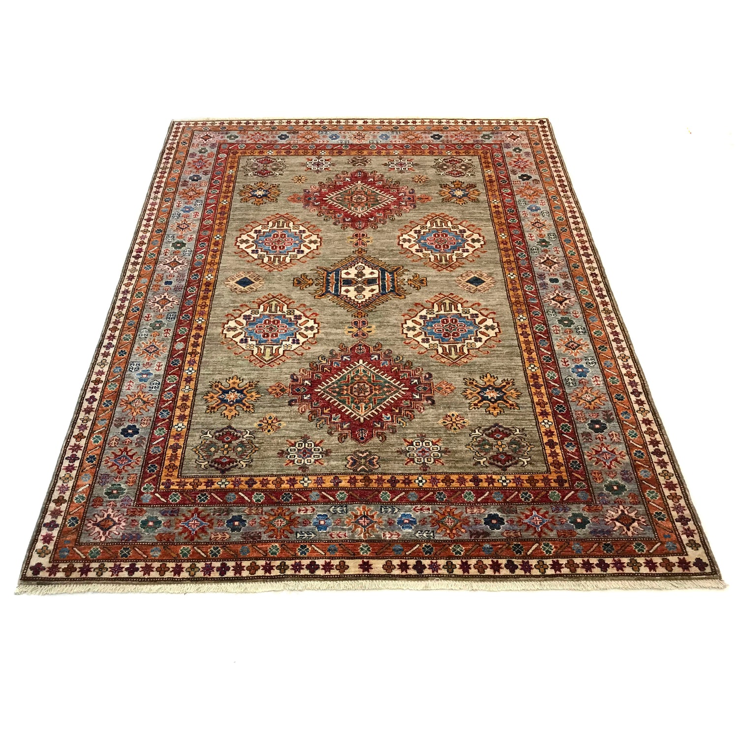 Kazak Rug Handmade Beige Medallion 5x8 ft