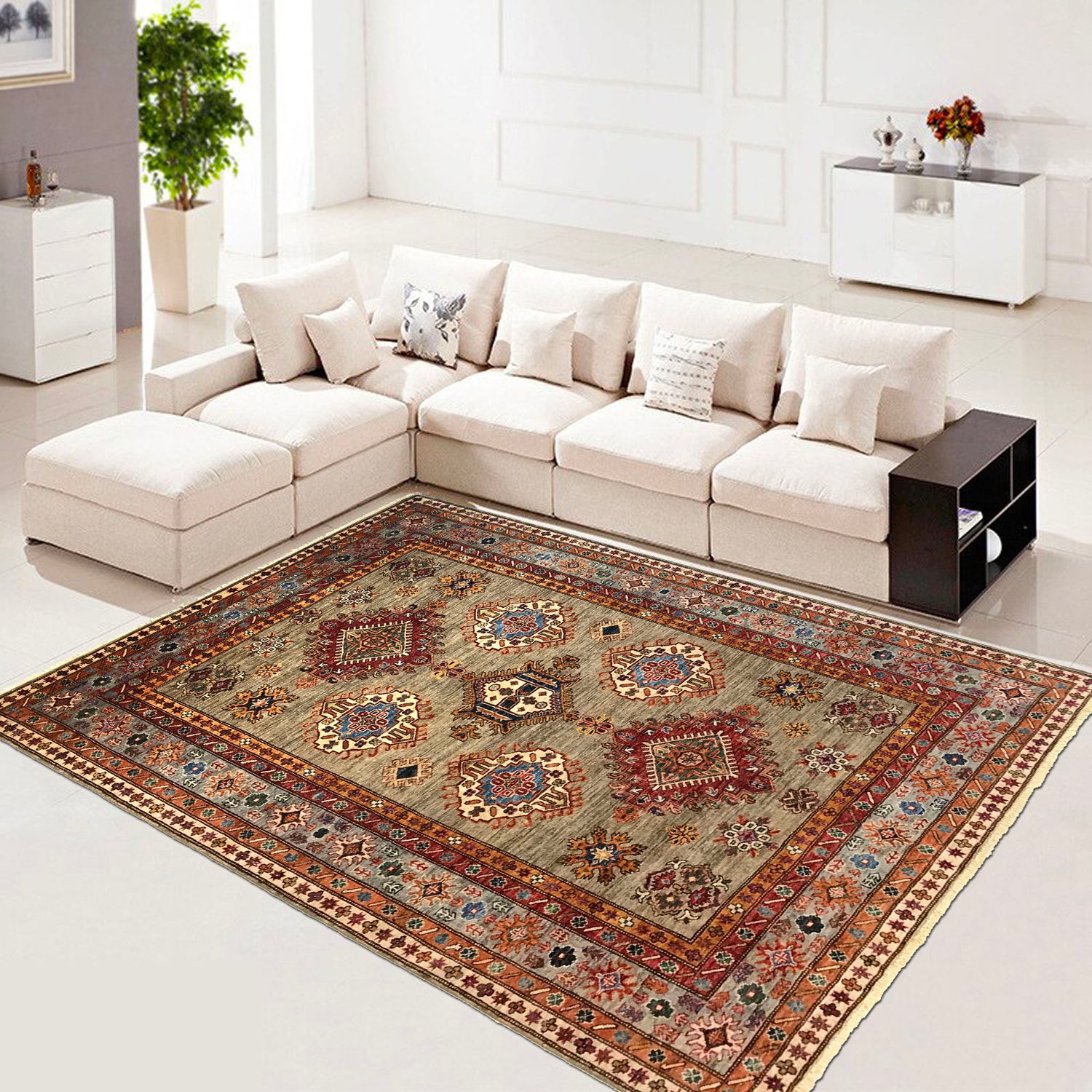 Kazak Rug Handmade Beige Medallion 5x8 ft