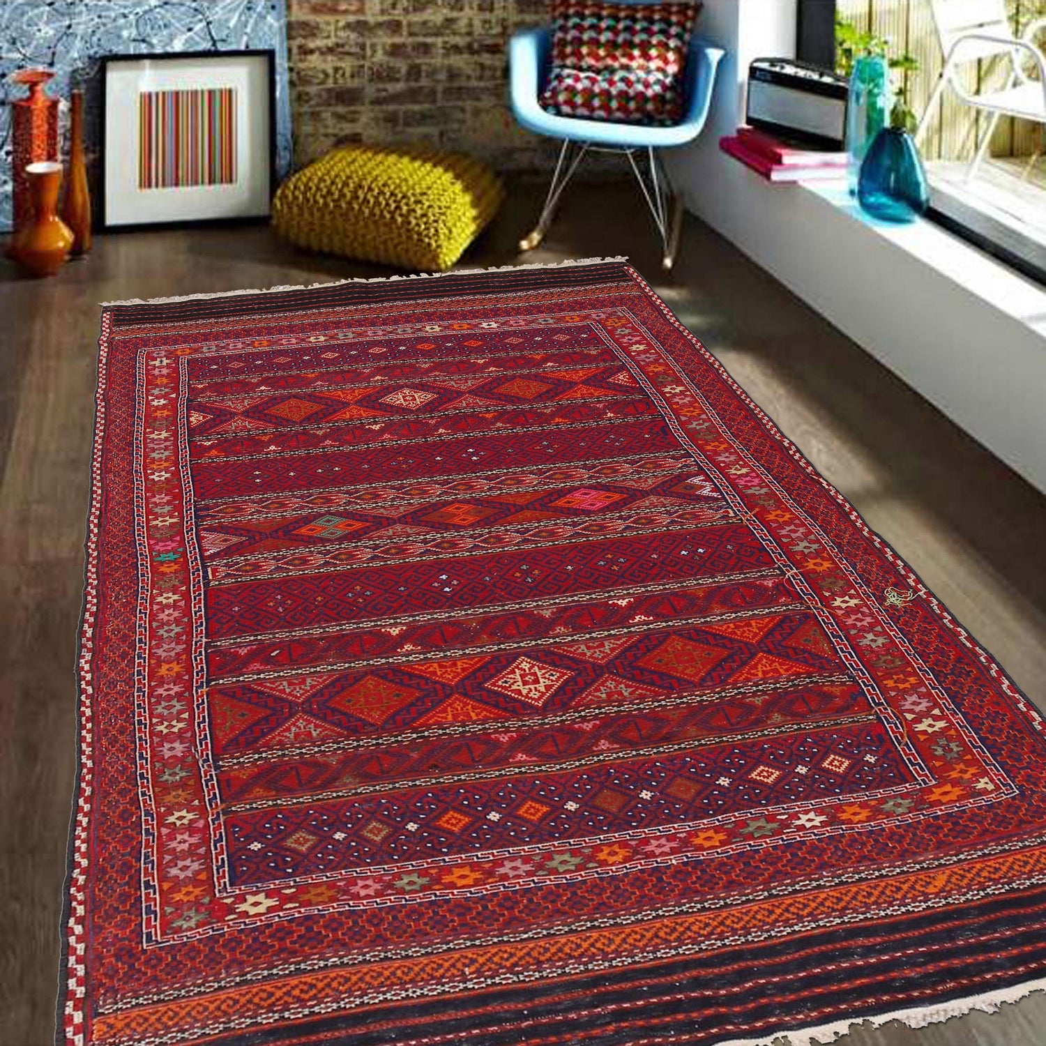 Laghari Kilim Area Rug Handmade Multi Geometric 4x7 ft