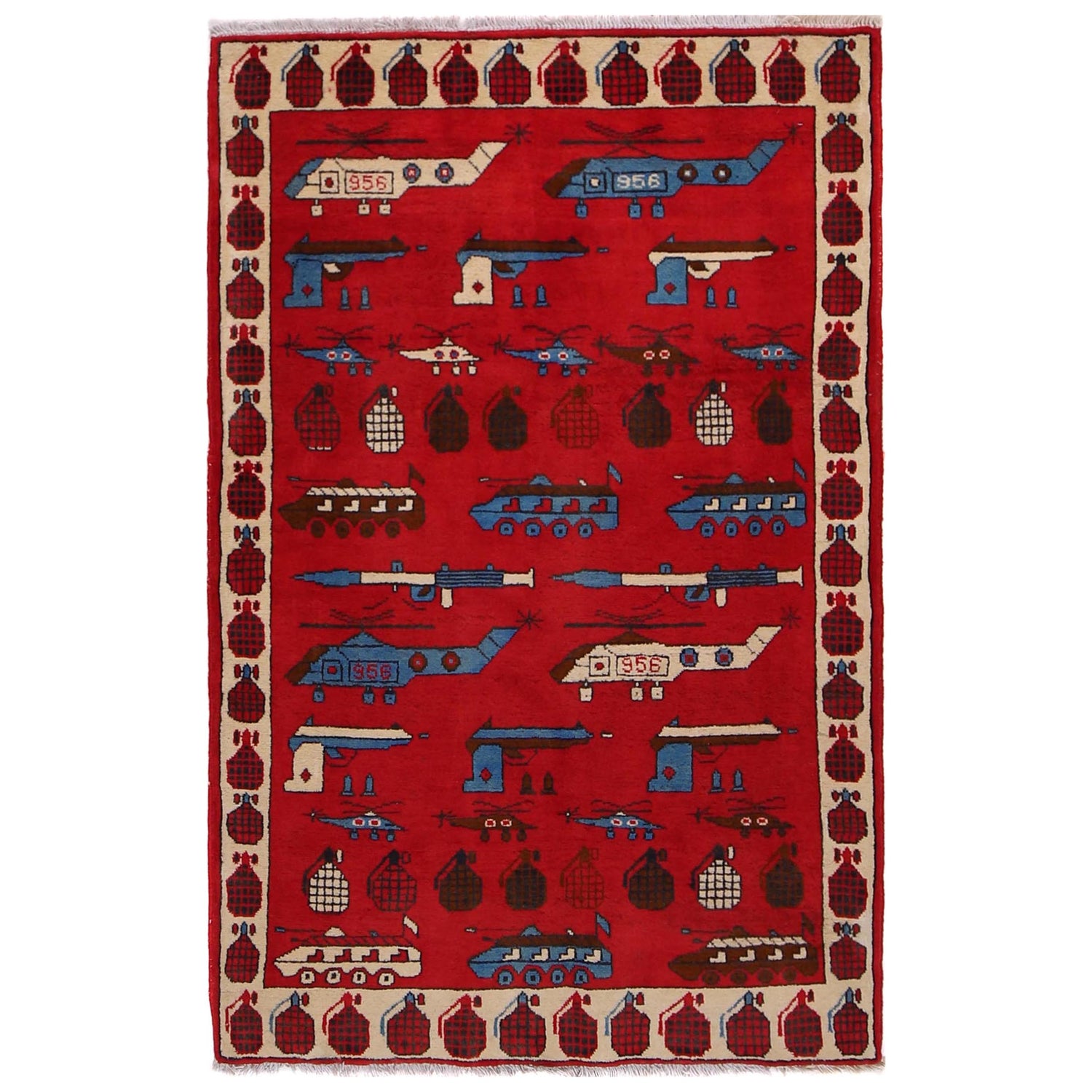War Area Rug Handmade Red Helicopter + Tank 3x5 ft