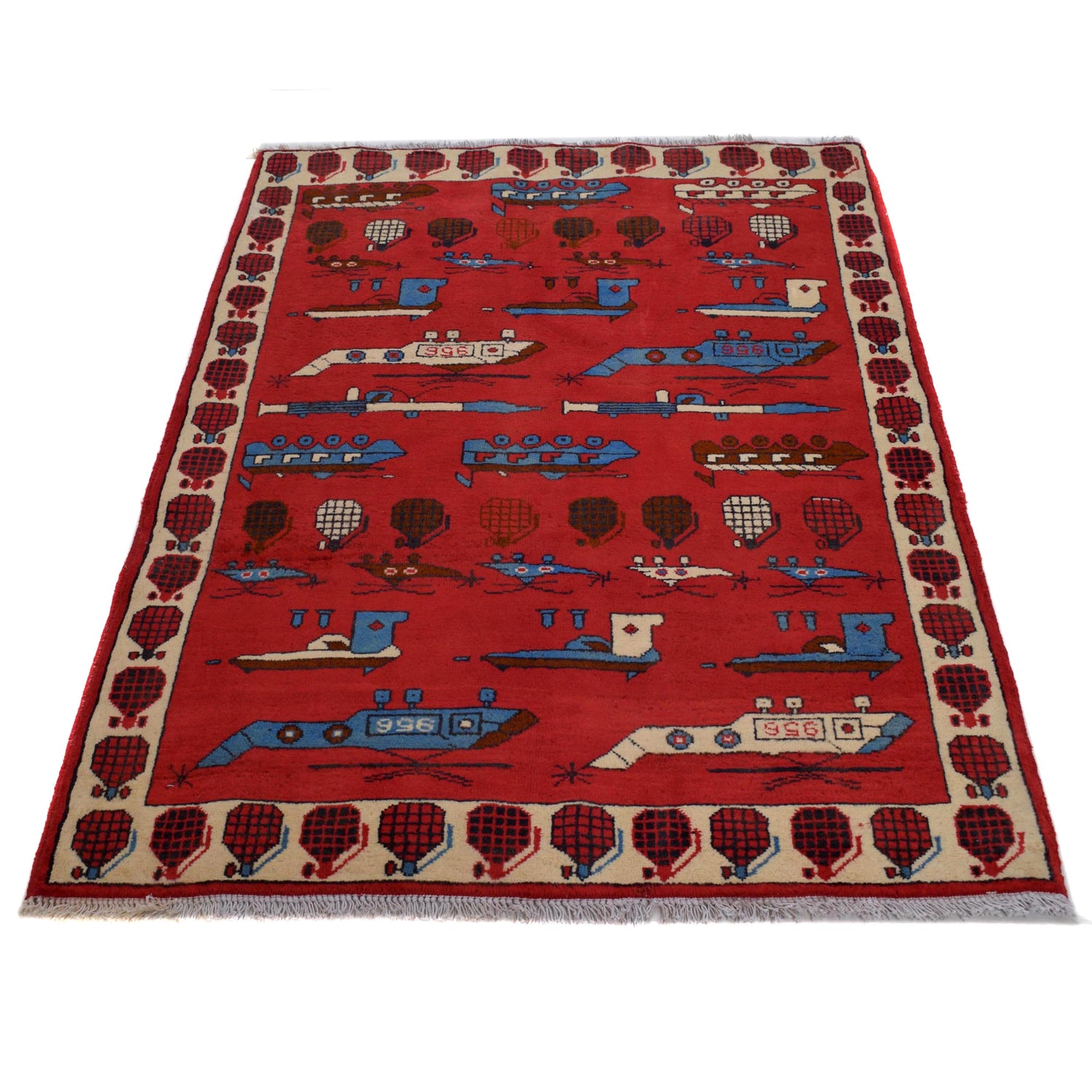 War Area Rug Handmade Red Helicopter + Tank 3x5 ft