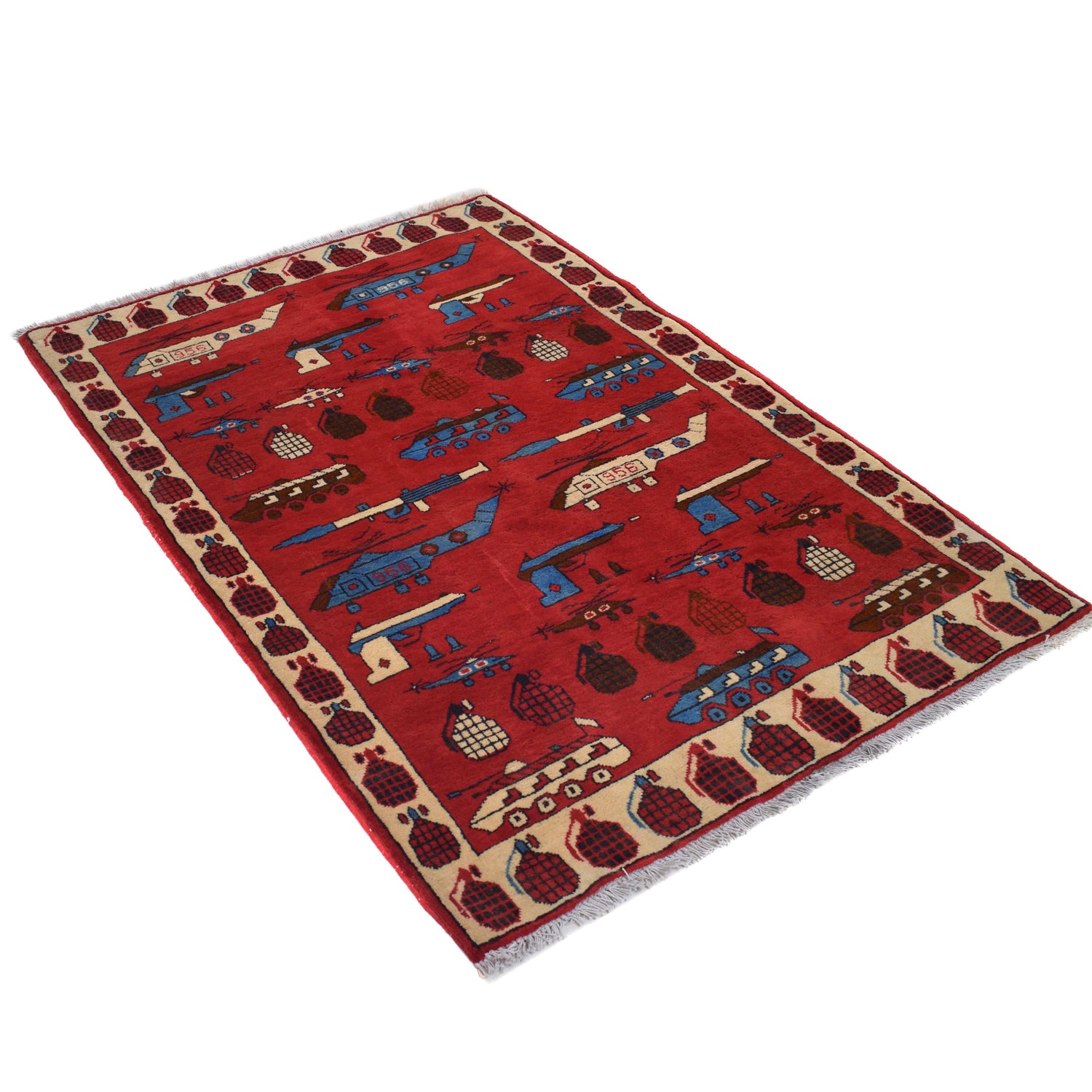 War Area Rug Handmade Red Helicopter + Tank 3x5 ft
