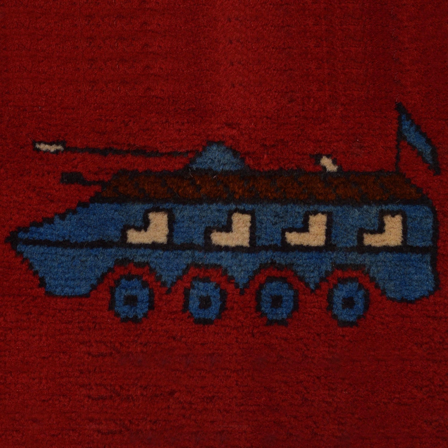 War Area Rug Handmade Red Helicopter + Tank 3x5 ft