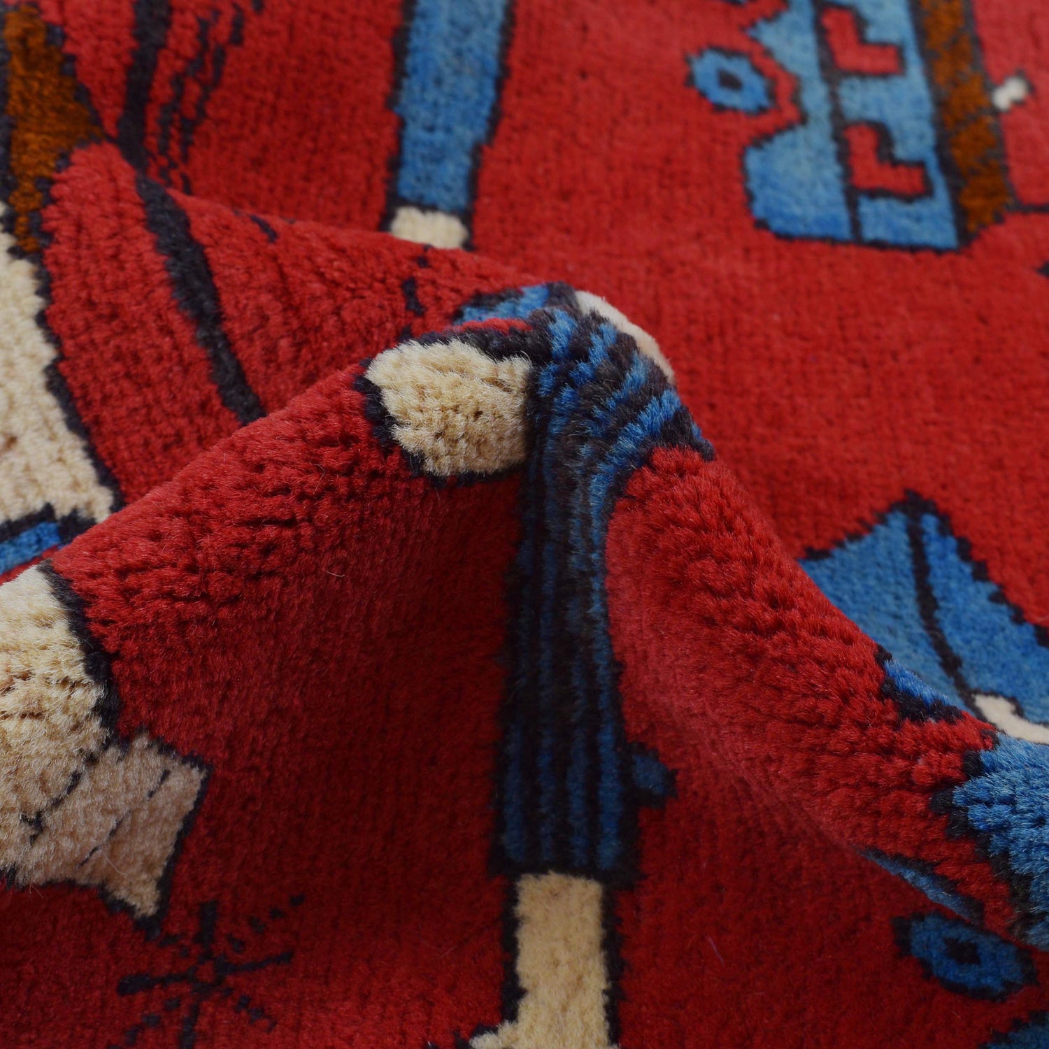 War Area Rug Handmade Red Helicopter + Tank 3x5 ft