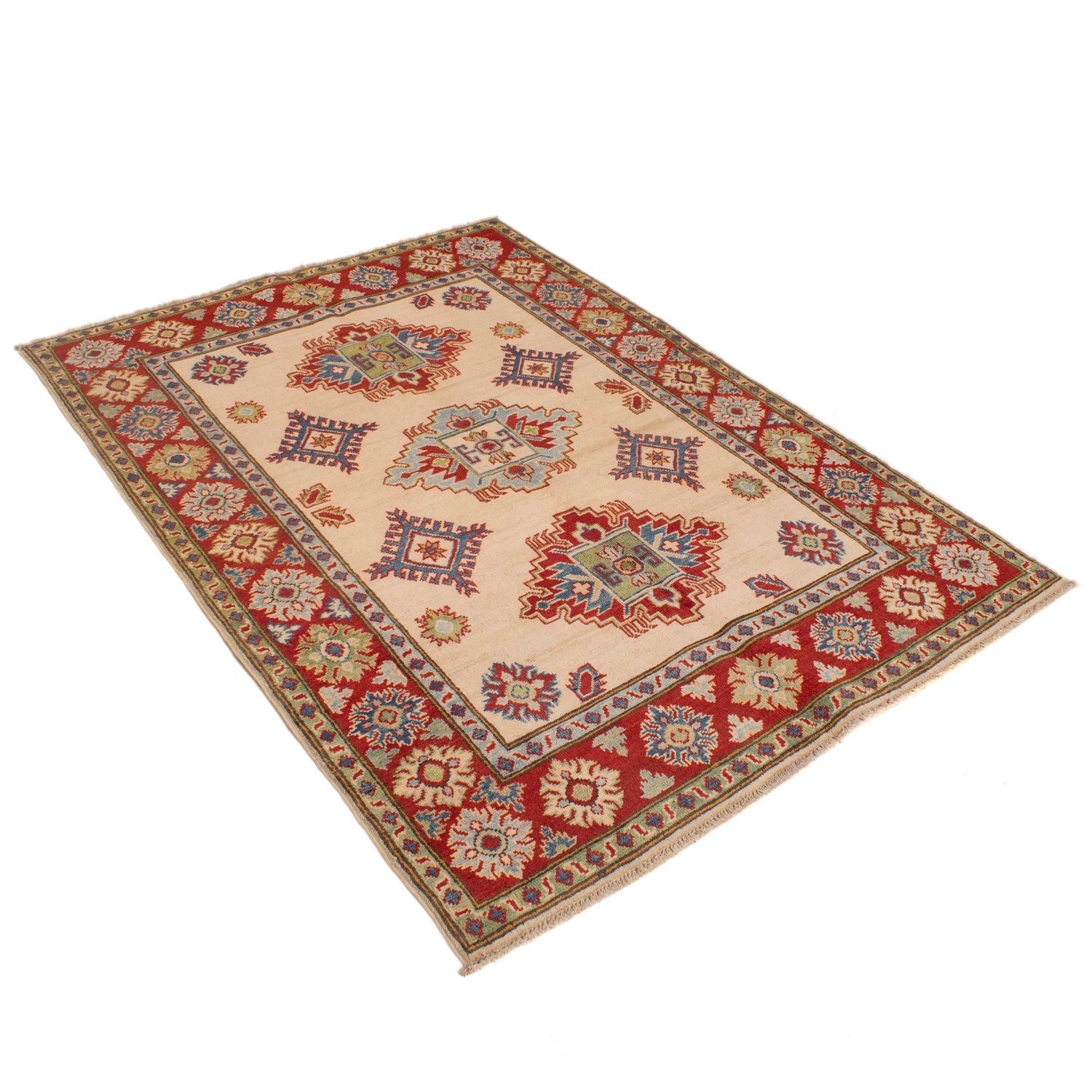Kazak Rug Handmade Ivory Medallion 4x6 ft