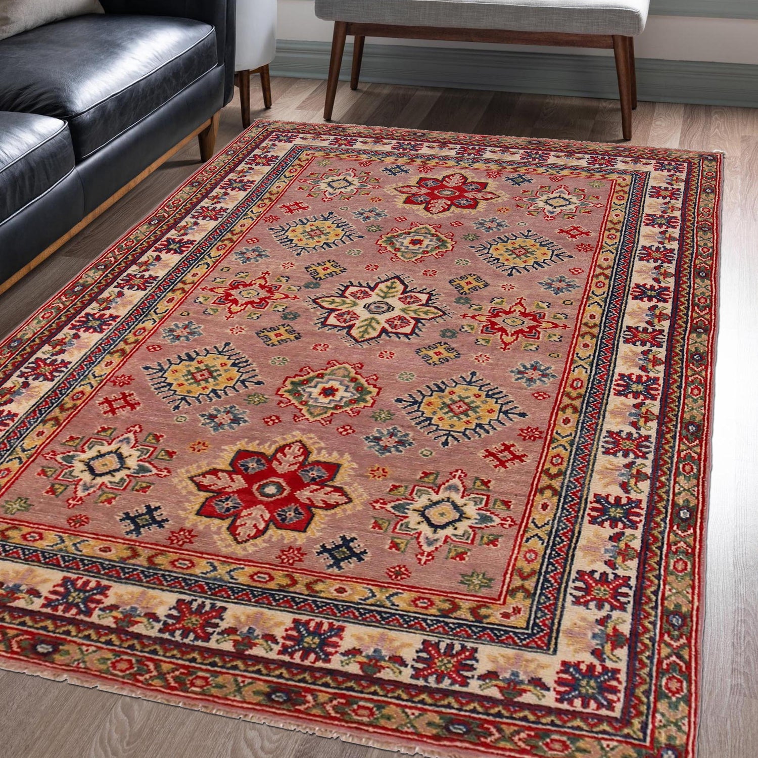Kazak Rug Handmade Gray Medallion 4x6 ft