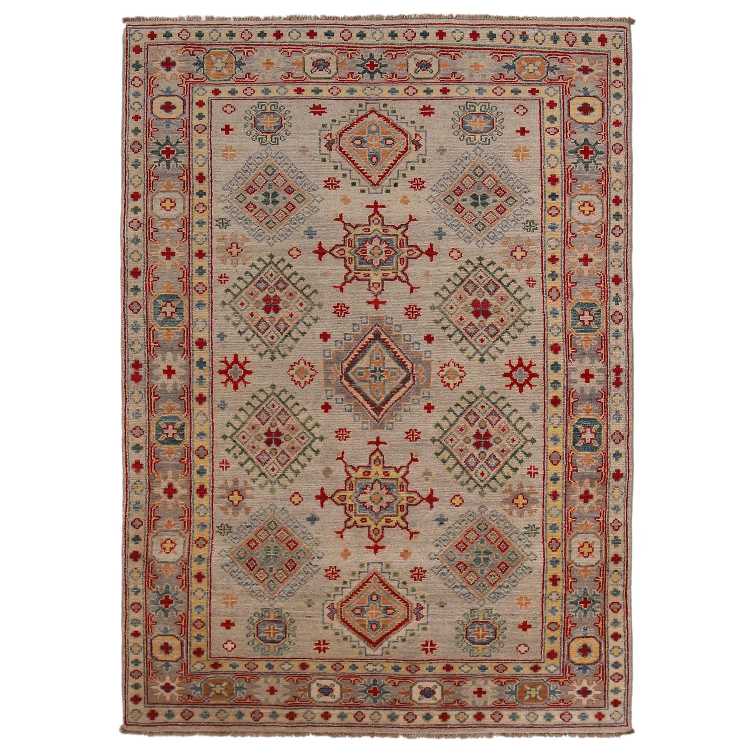 Kazak Rug Handmade Beige Medallion 4x6 ft