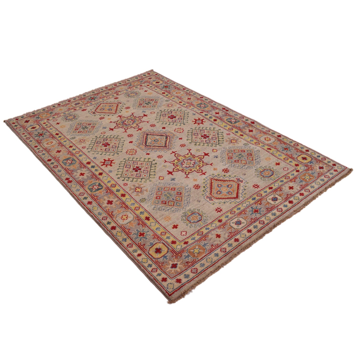 Kazak Rug Handmade Beige Medallion 4x6 ft