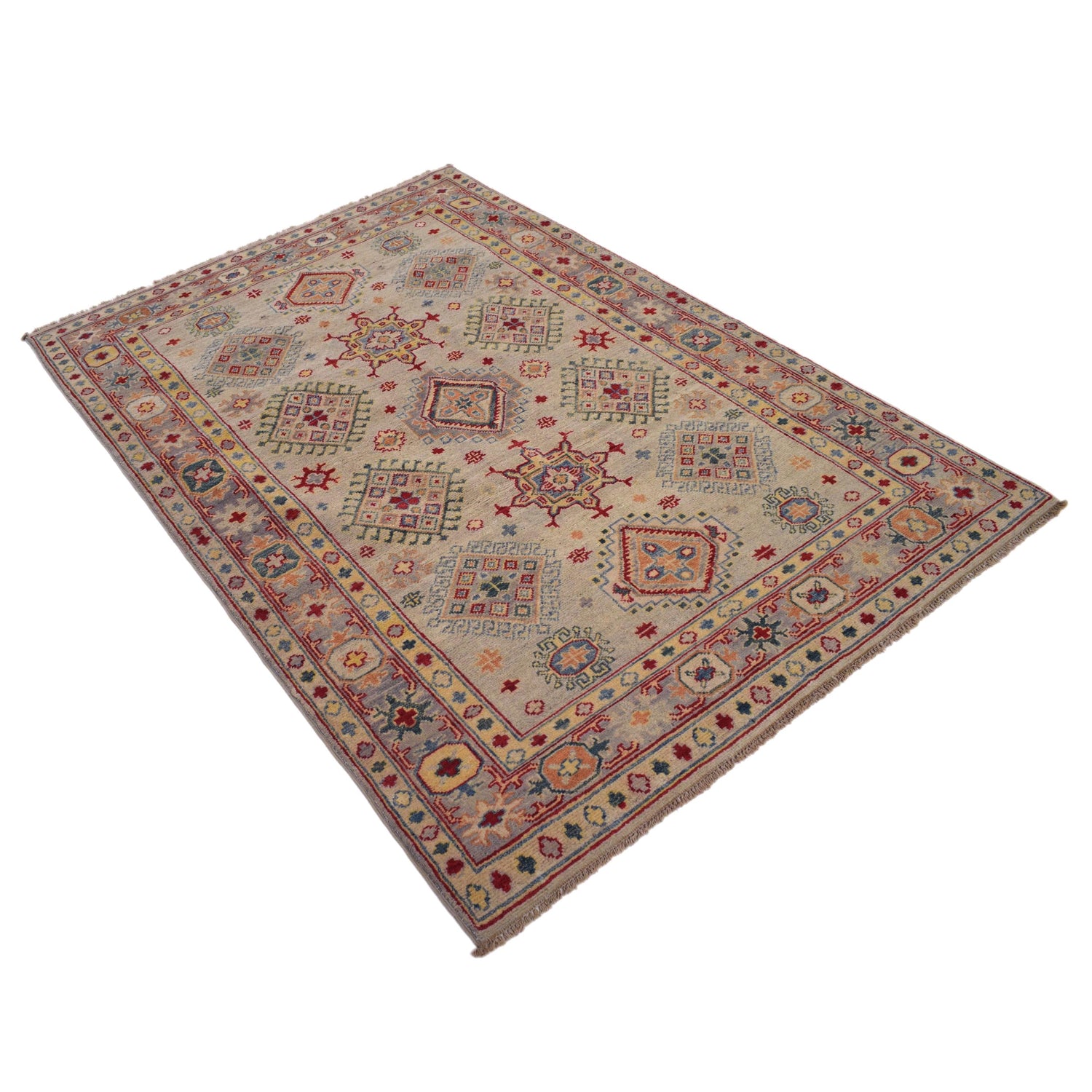 Kazak Rug Handmade Beige Medallion 4x6 ft
