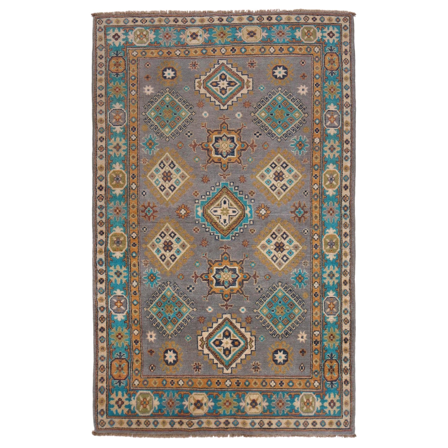Kazak Rug Handmade Gray Medallion 4x6 ft