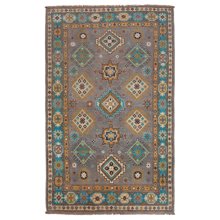 Kazak Rug Handmade Gray Medallion 4x6 ft