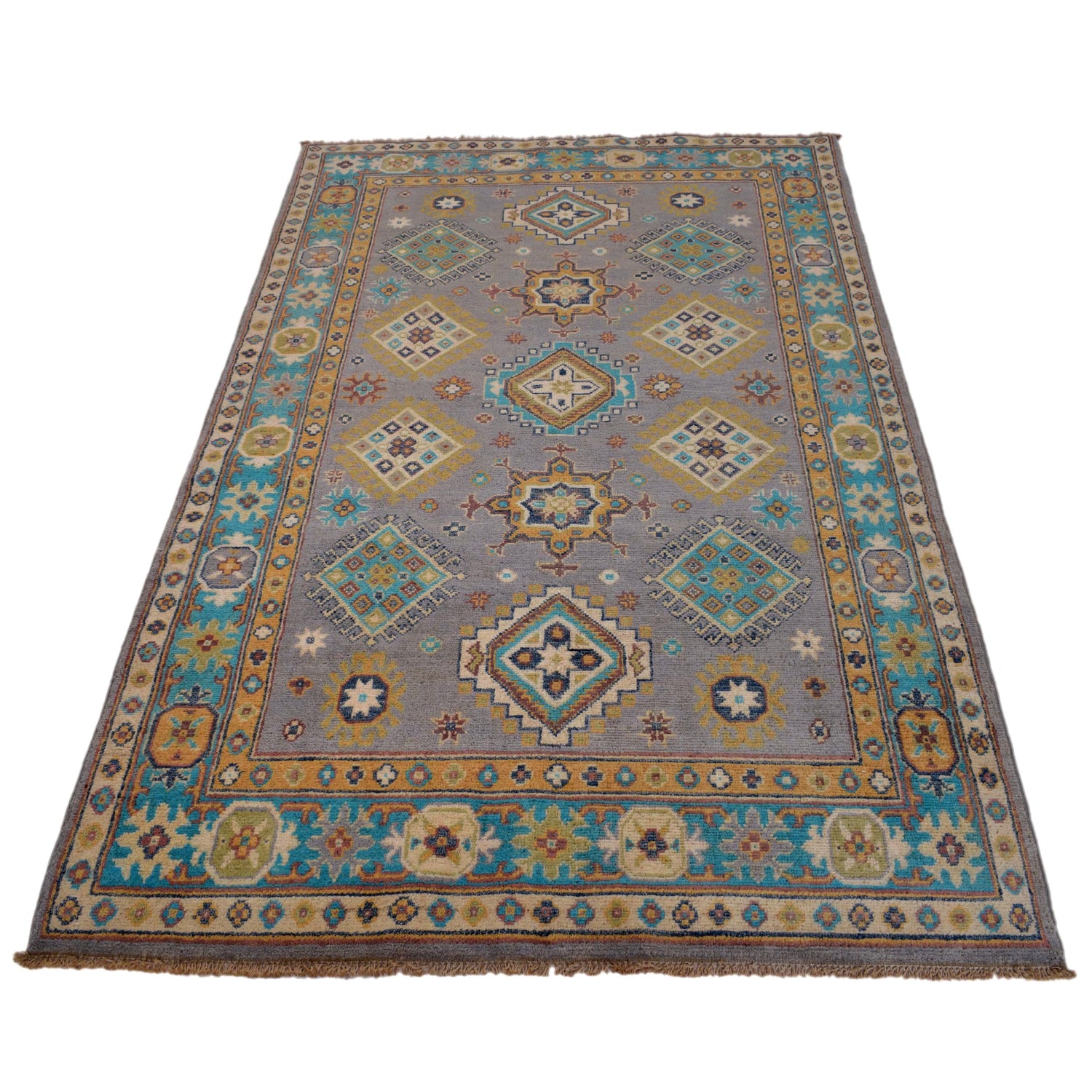 Kazak Rug Handmade Gray Medallion 4x6 ft