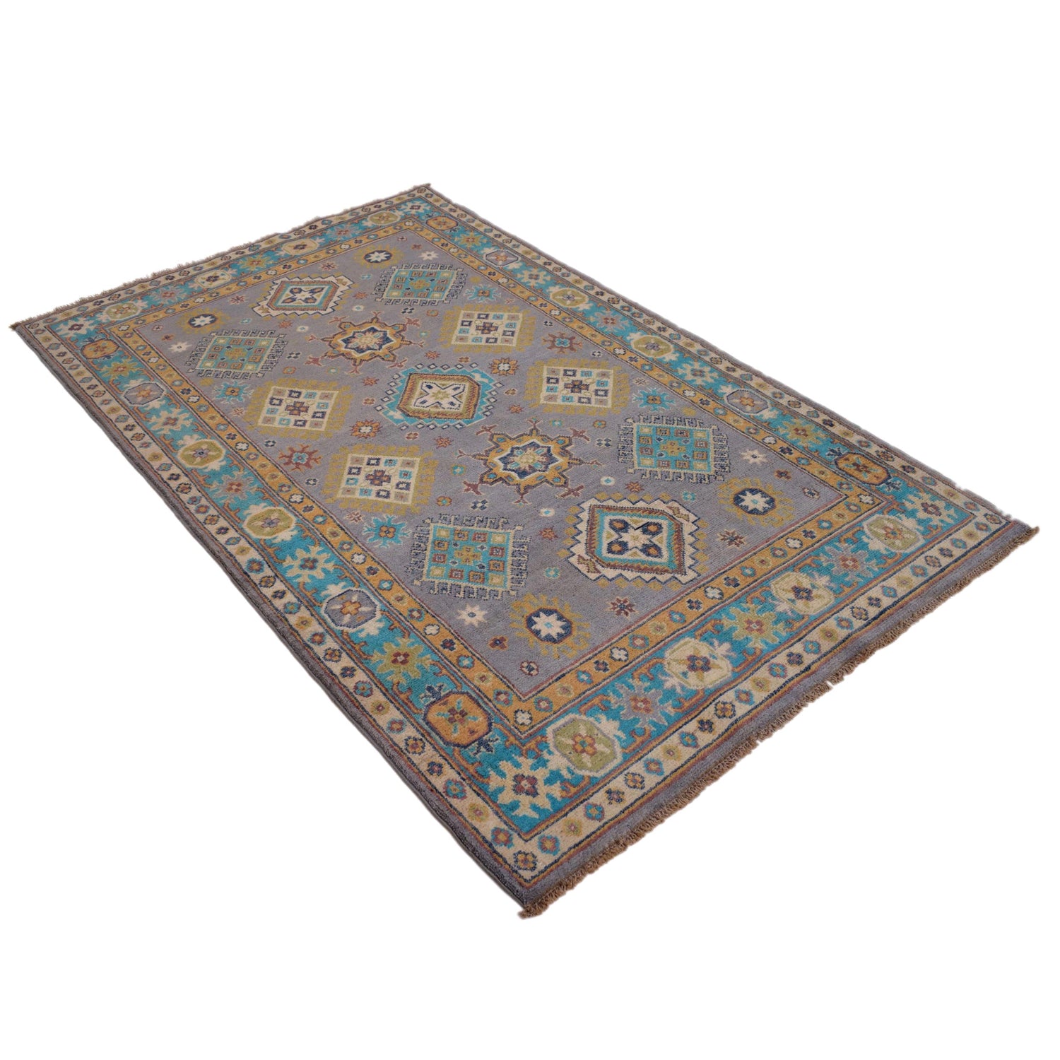 Kazak Rug Handmade Gray Medallion 4x6 ft