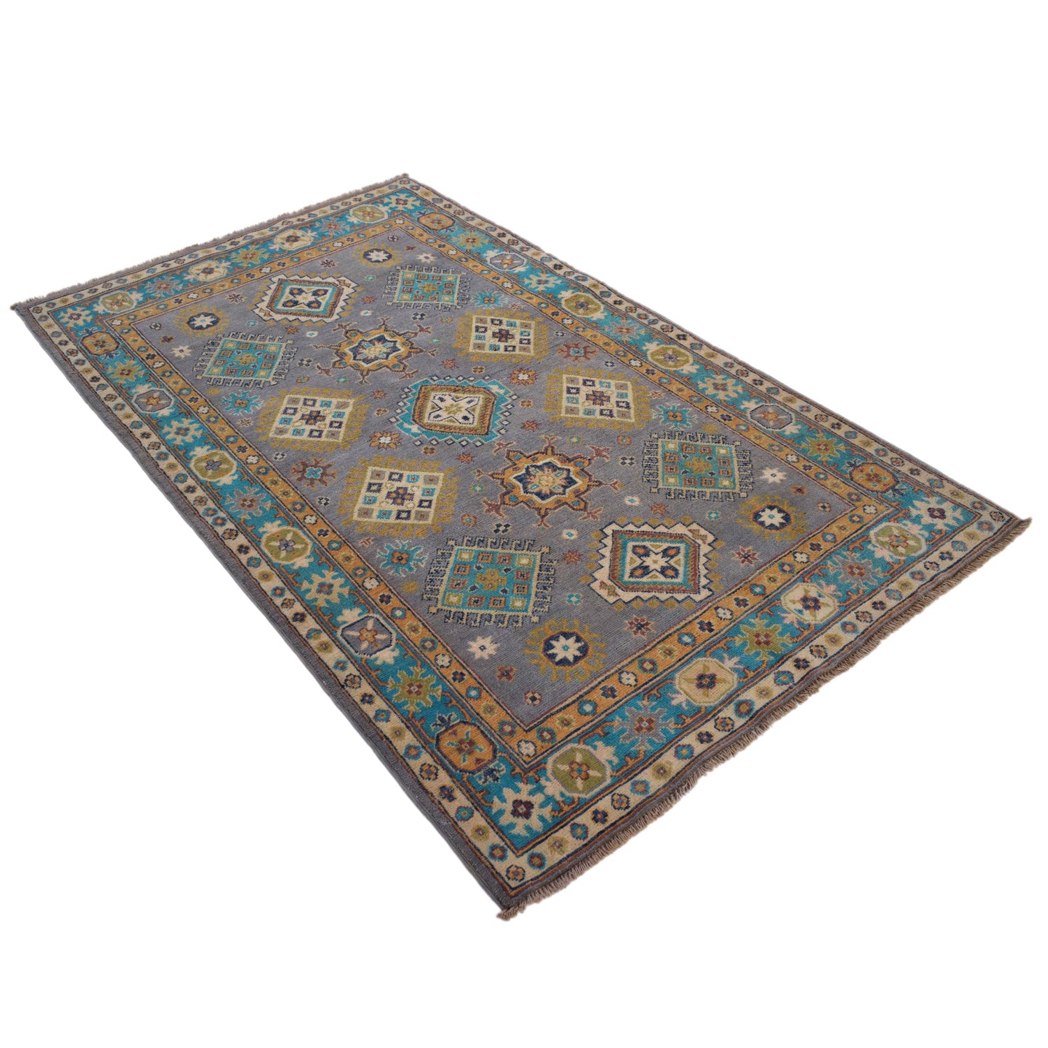 Kazak Rug Handmade Gray Medallion 4x6 ft