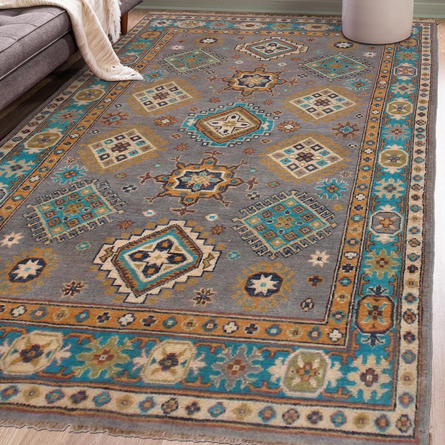 Kazak Rug Handmade Gray Medallion 4x6 ft