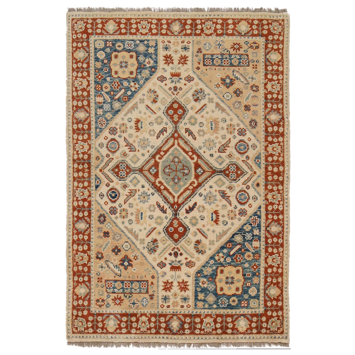 Oushak Area Rug Handmade Beige Floral 4x6 ft